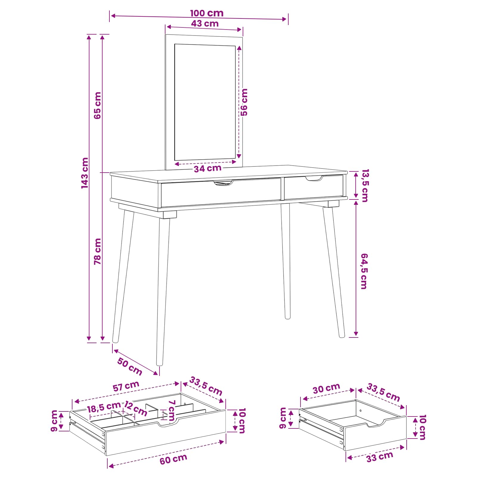Schminktisch-Set FAUSKE 2 pcs Weiß 100 x 50 x 143 cm – Ansicht 7