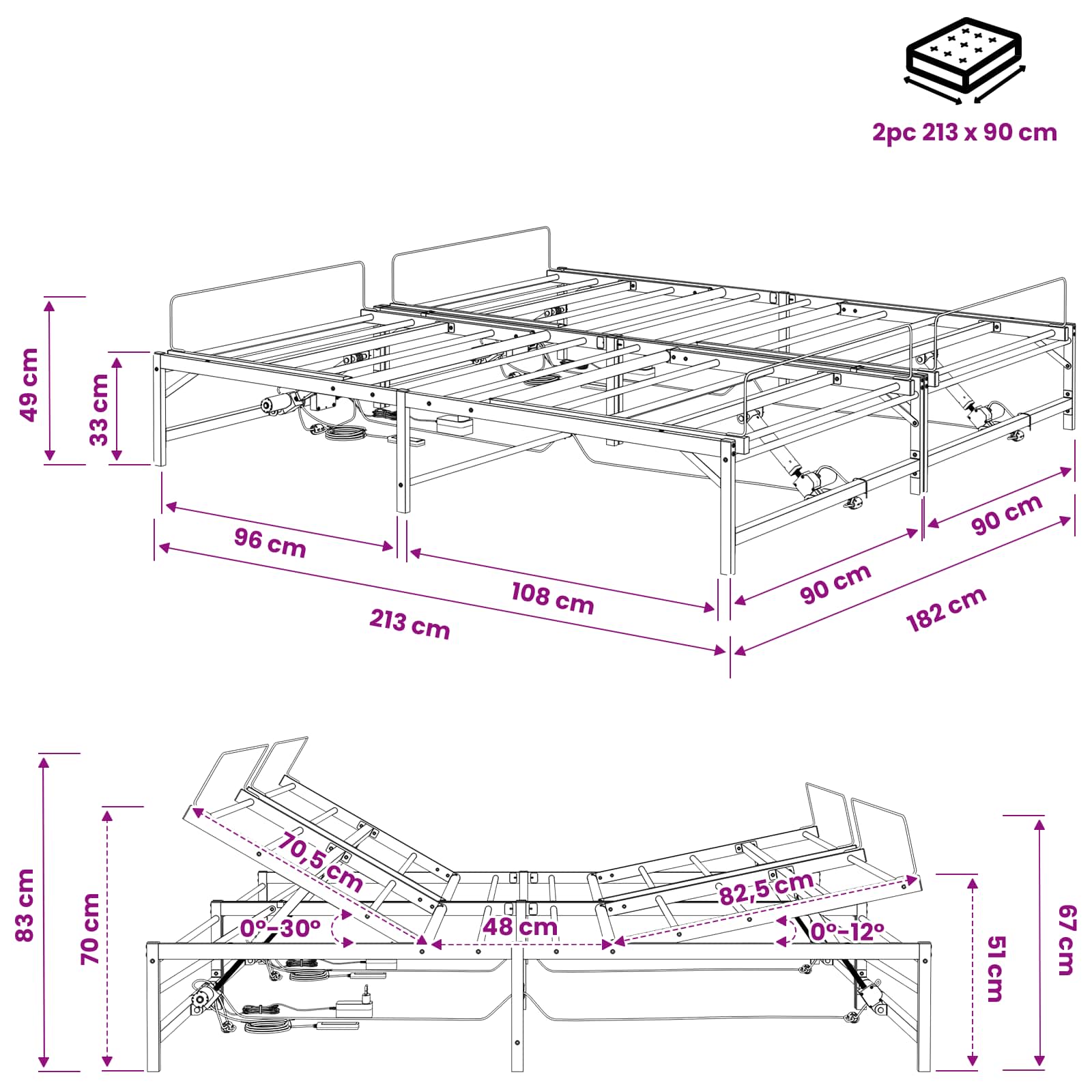 Sähkösäätöinen sänky runko valkoinen 90 x 213 cm Teräs - Image 11