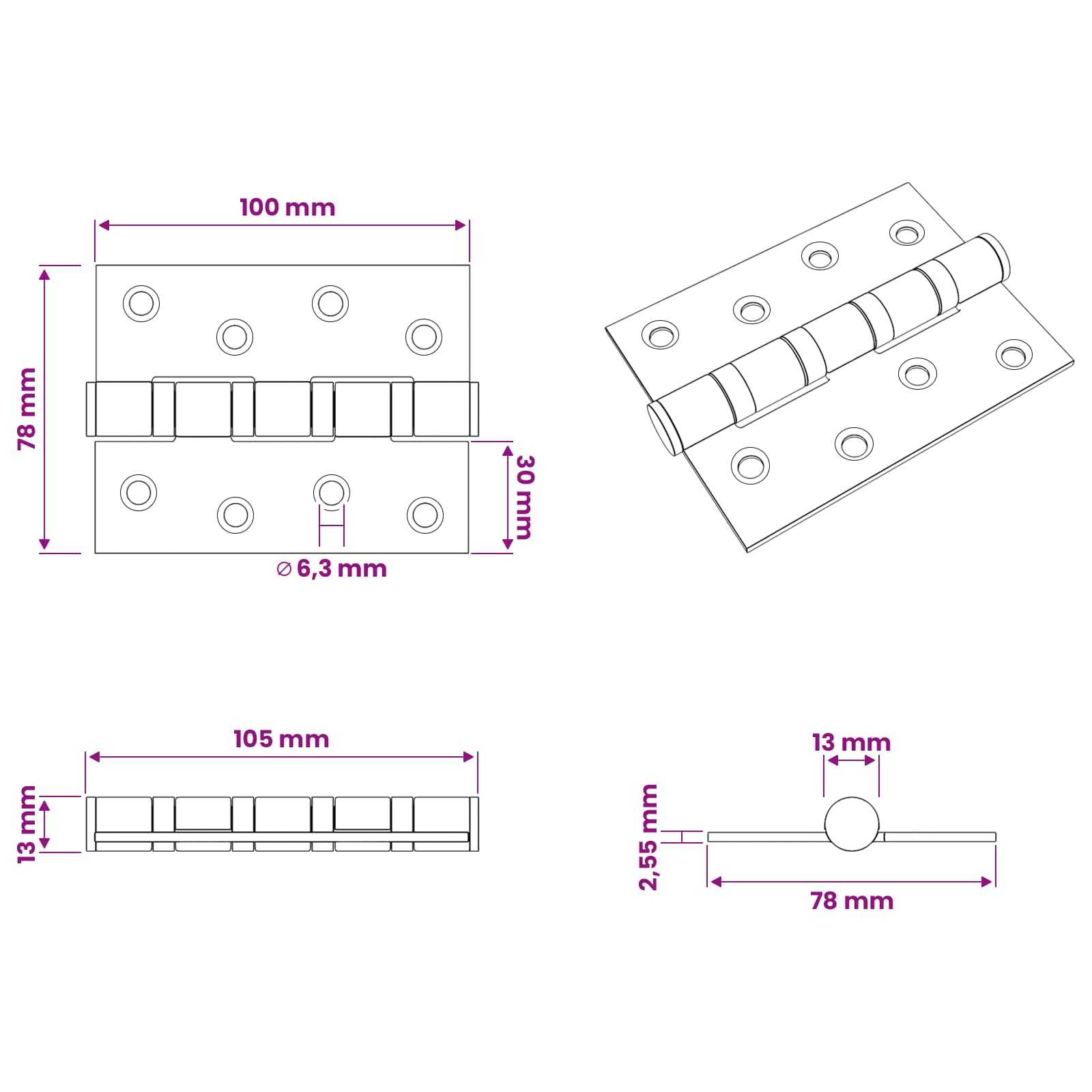 Tečaj 4 kos 100 x 78 x 13 mm Srebrna Jeklo