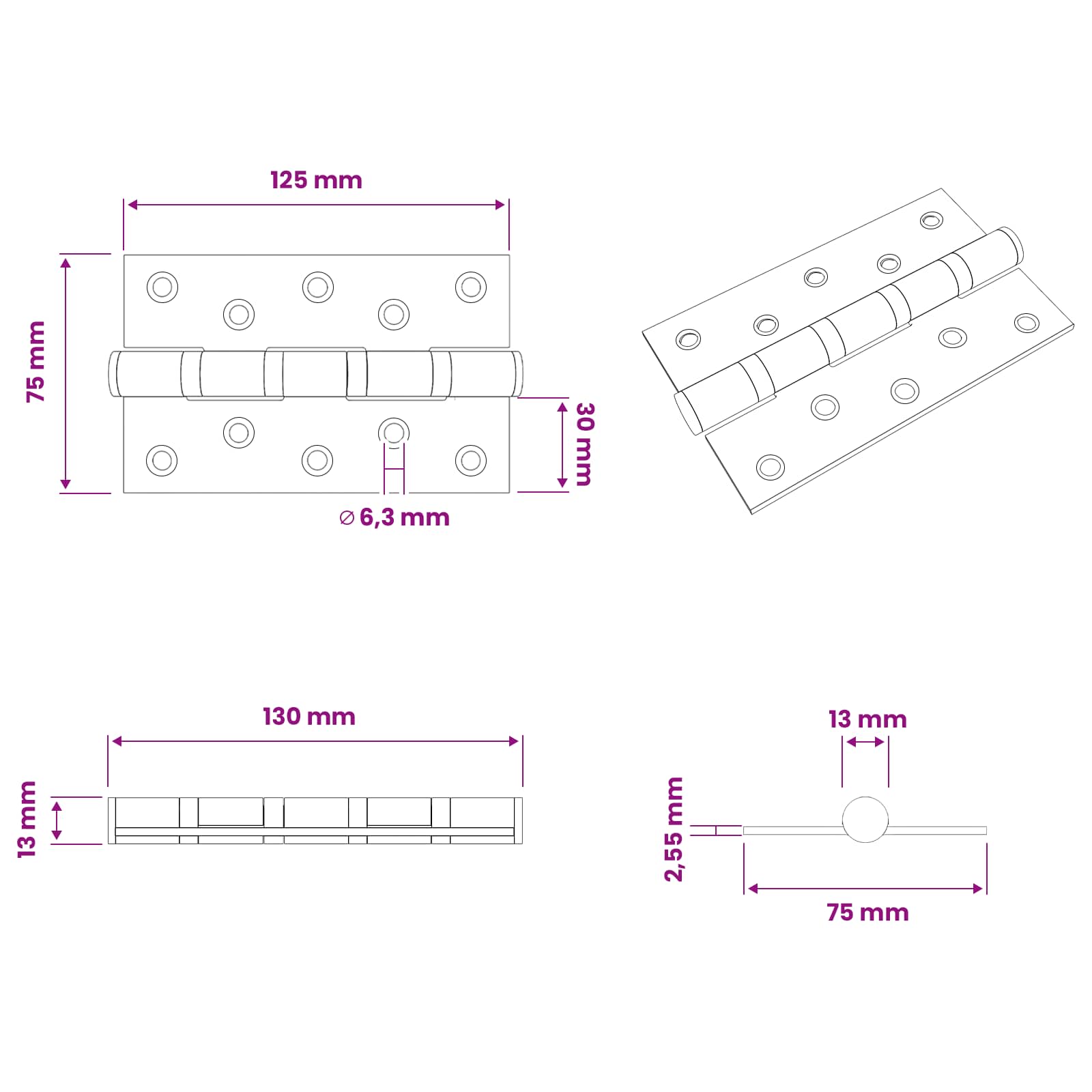 Tečaj 8 kos 125 x 75 x 13 mm Srebrna Jeklo