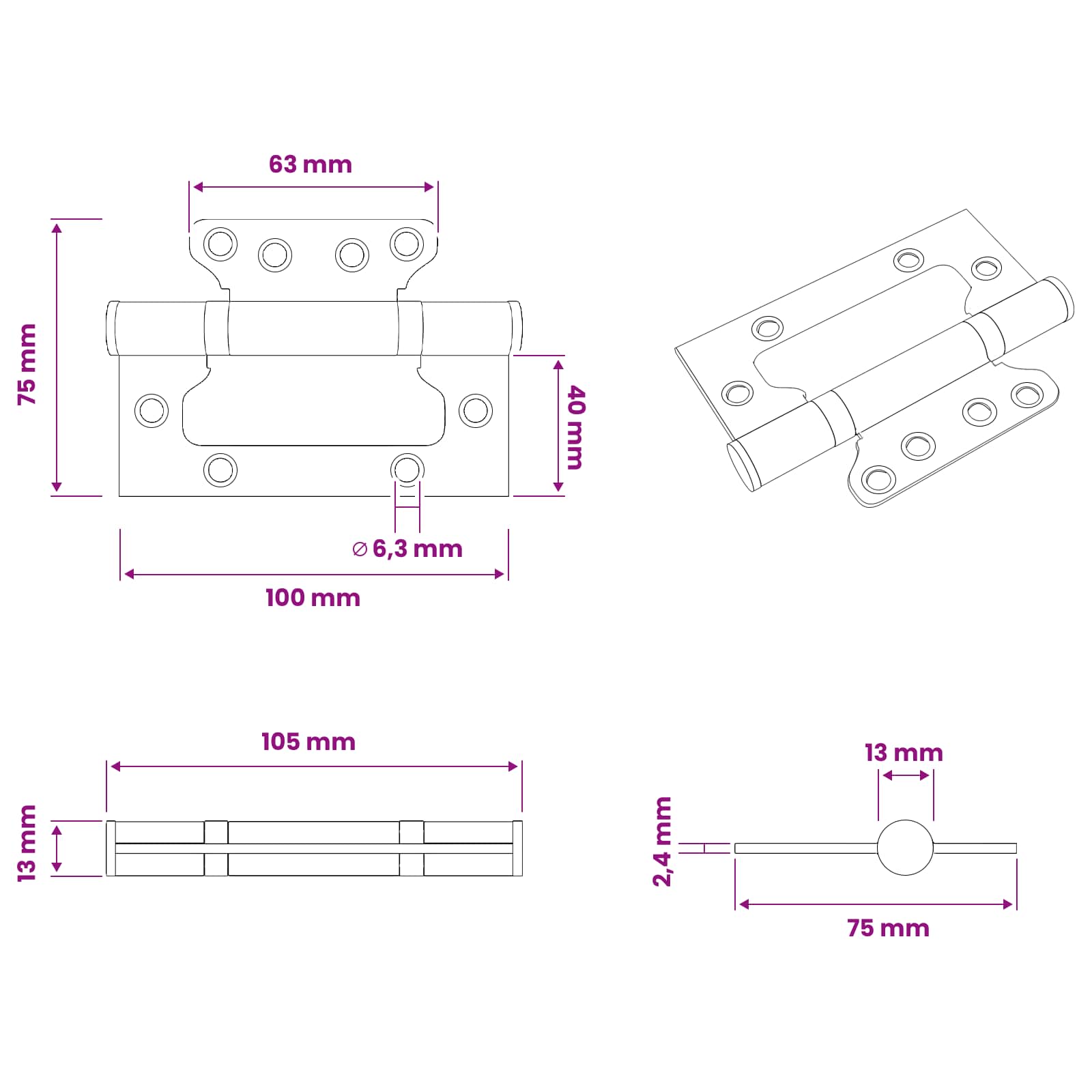 Tečaj 4 kos 100 x 75 x 13 mm Srebrna Jeklo