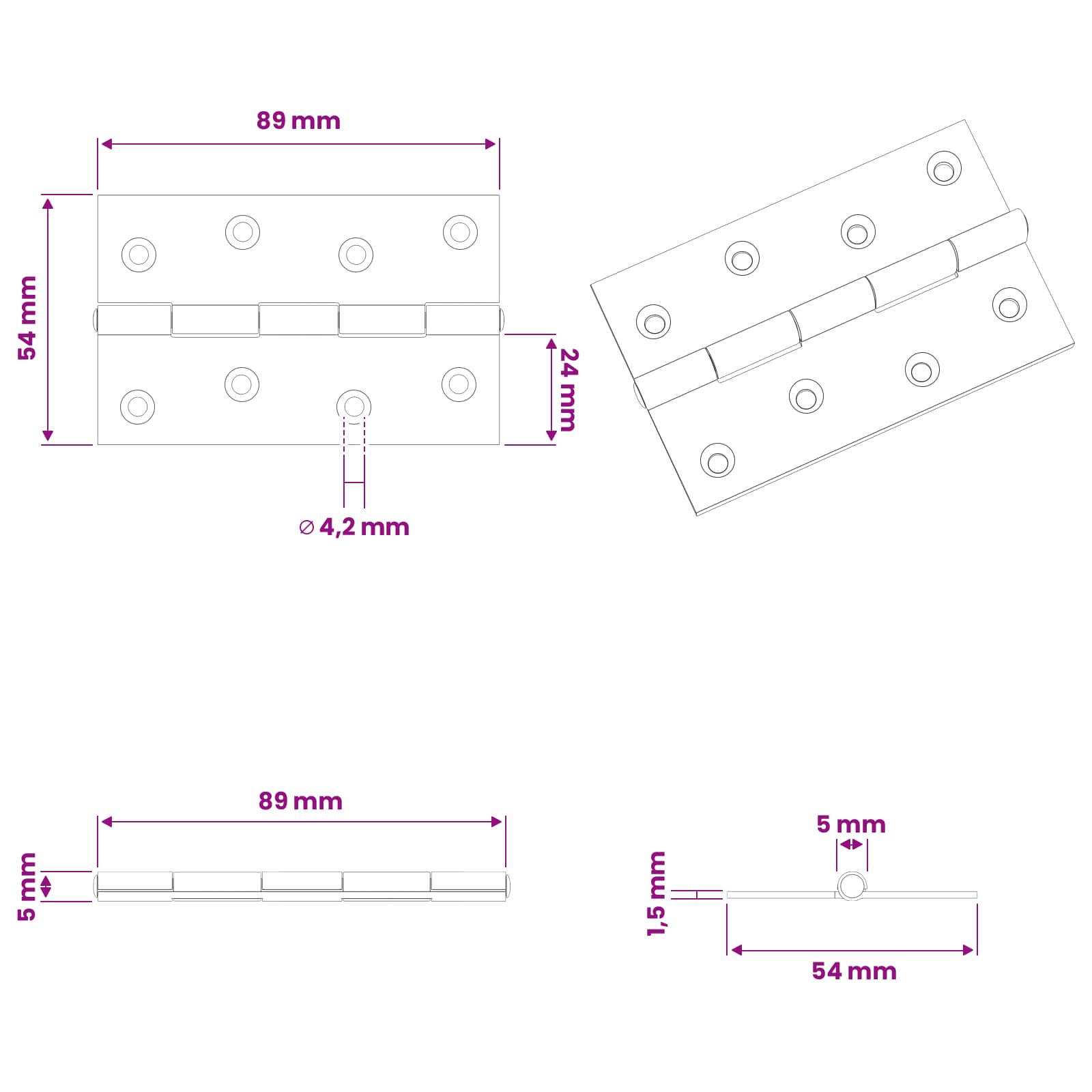 Tečaj 24 kos 89 x 54 x 5 mm Srebrna Jeklo