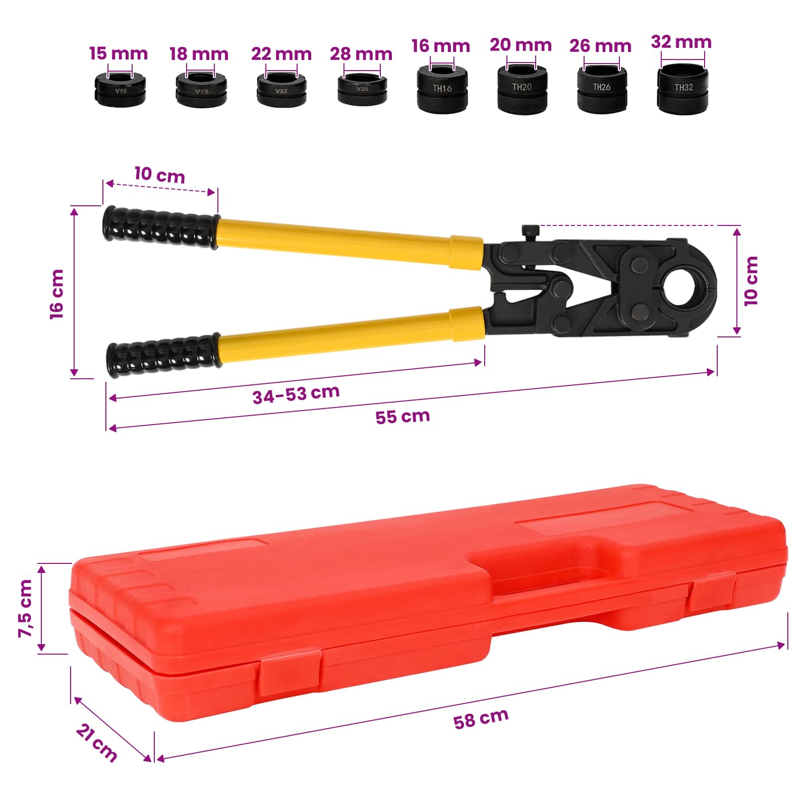 Hydraulic Pipe Crimping Tool 30 kN TH16 V15 size guide