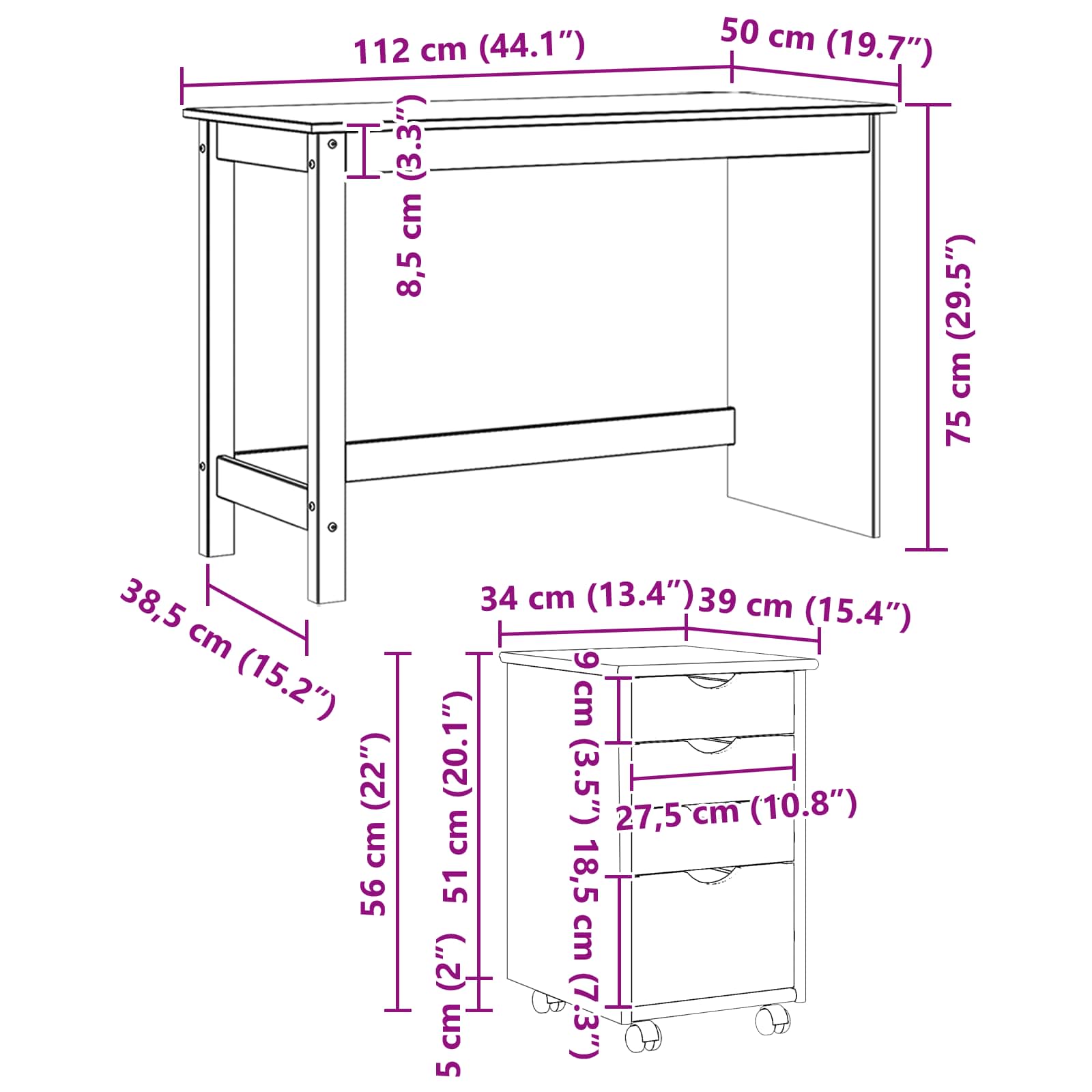Bureau Kas Set 2 st Zwart Massief grenenhout image 10