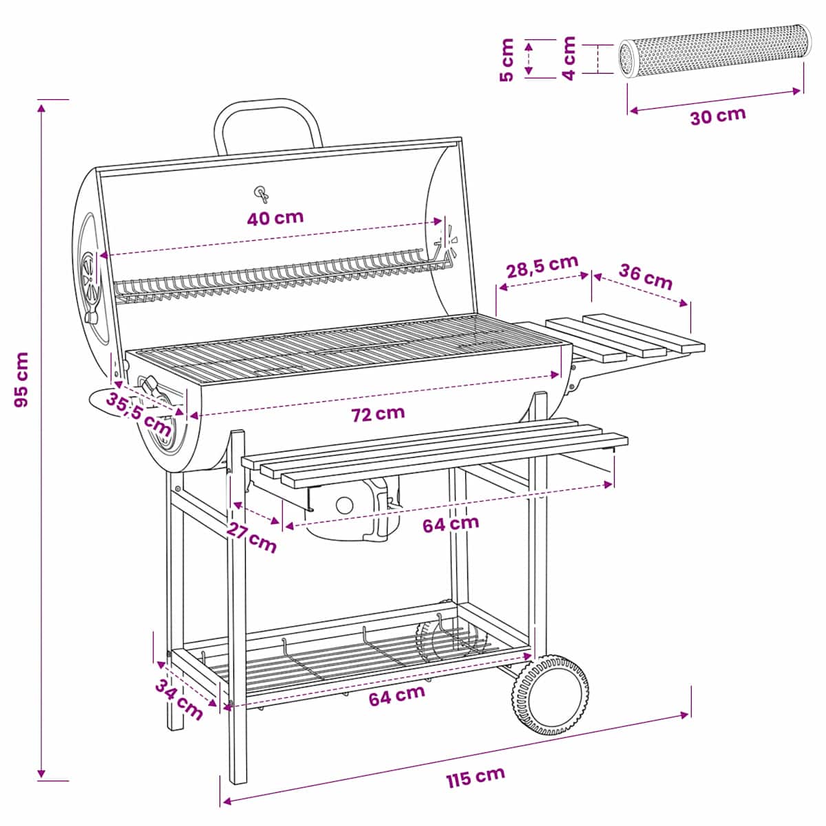 Tøndegrill med hjul og hylder 3 stk. 115 x 85 x 95 cm Metal - Billede 8