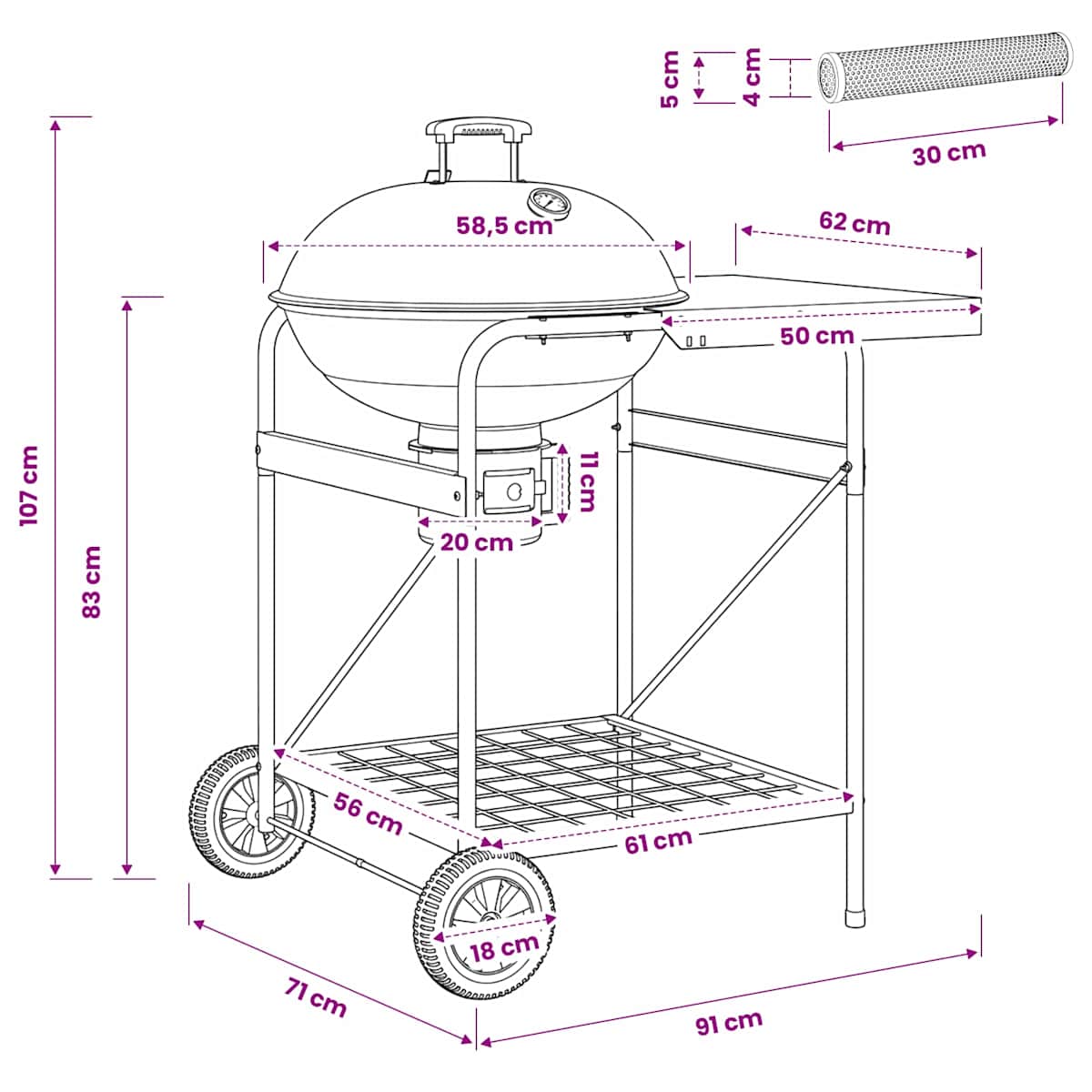 Trækolgrill med røgrør 91 x 71 x 107 cm Stål Sort - Billede 9