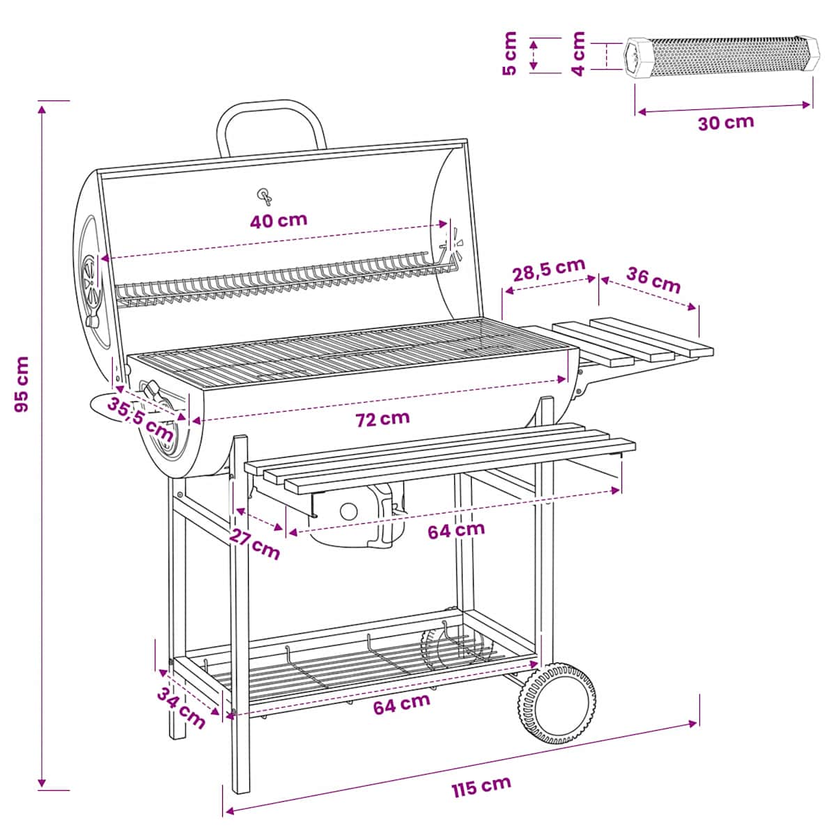Tøndegrill med hjul og hylder 3 stk. 115 x 85 x 95 cm Metal - Billede 8