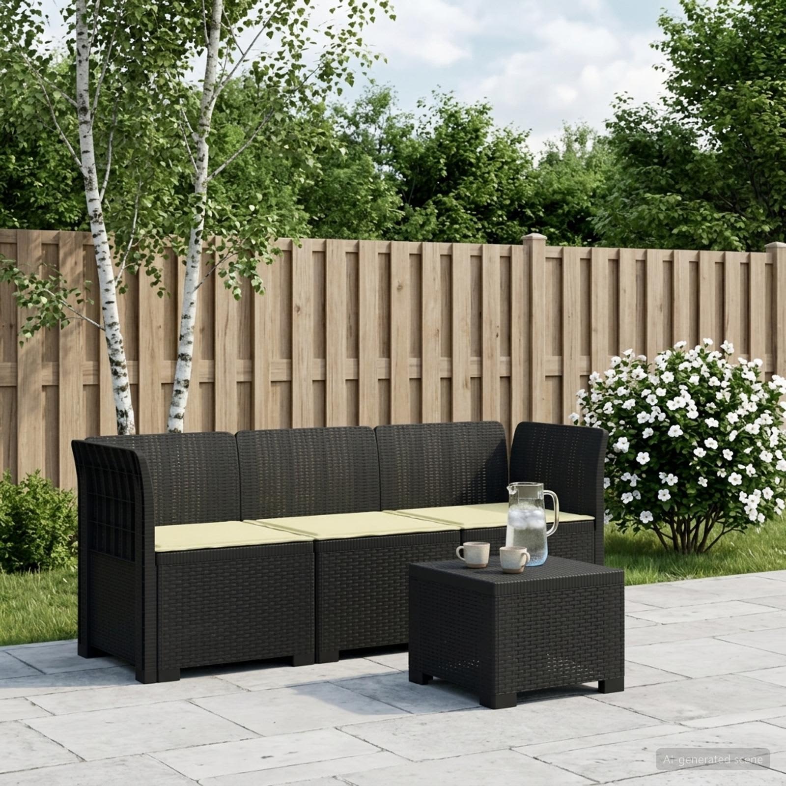 Divano da giardino 3 posti con cuscini in look rattan PP - immagine prodotto