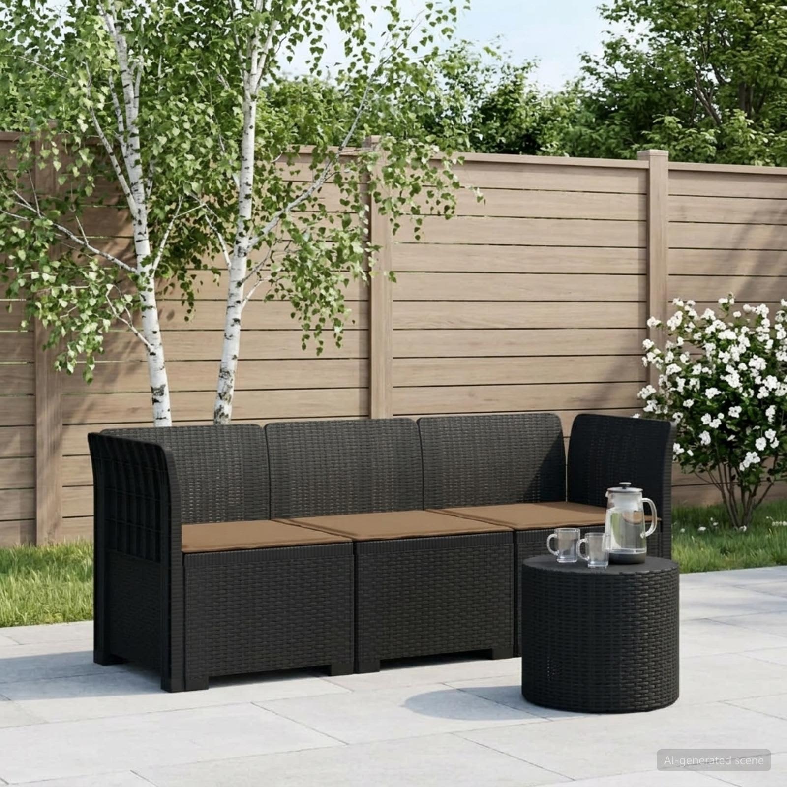 Divano da giardino 3 posti con cuscini in look rattan PP - immagine prodotto