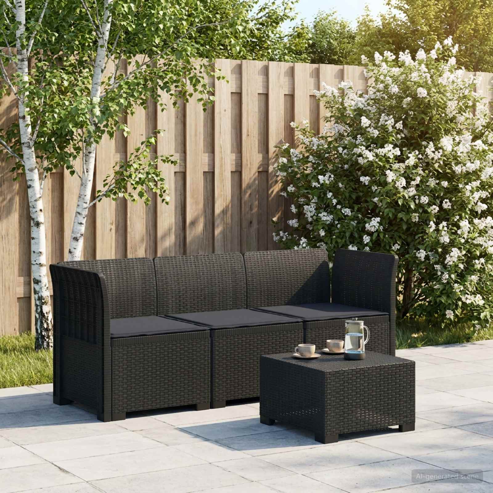 Divano da giardino 3 posti con cuscini in look rattan PP - immagine prodotto