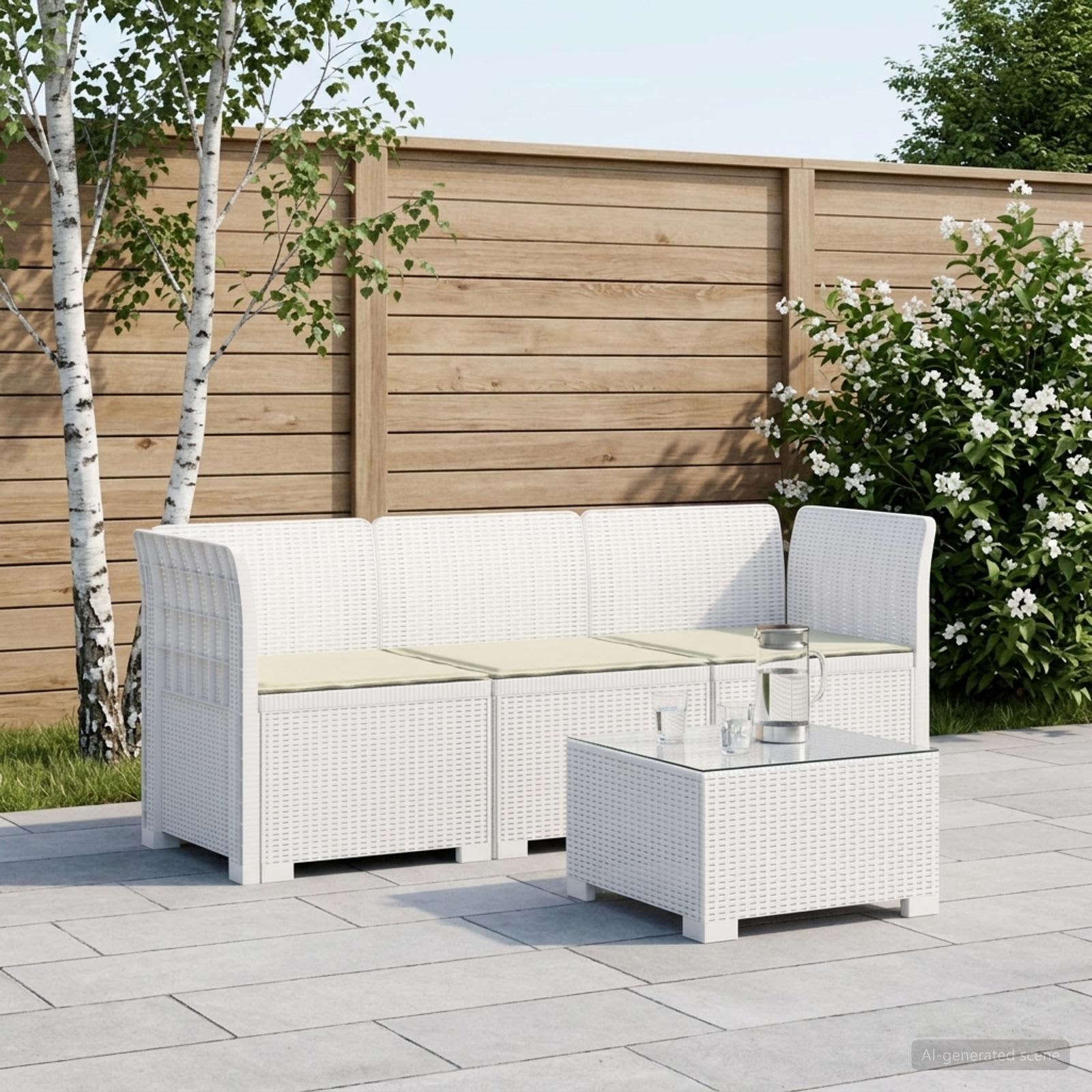 Divano da giardino 3 posti con cuscini in look rattan PP Bianco - immagine prodotto