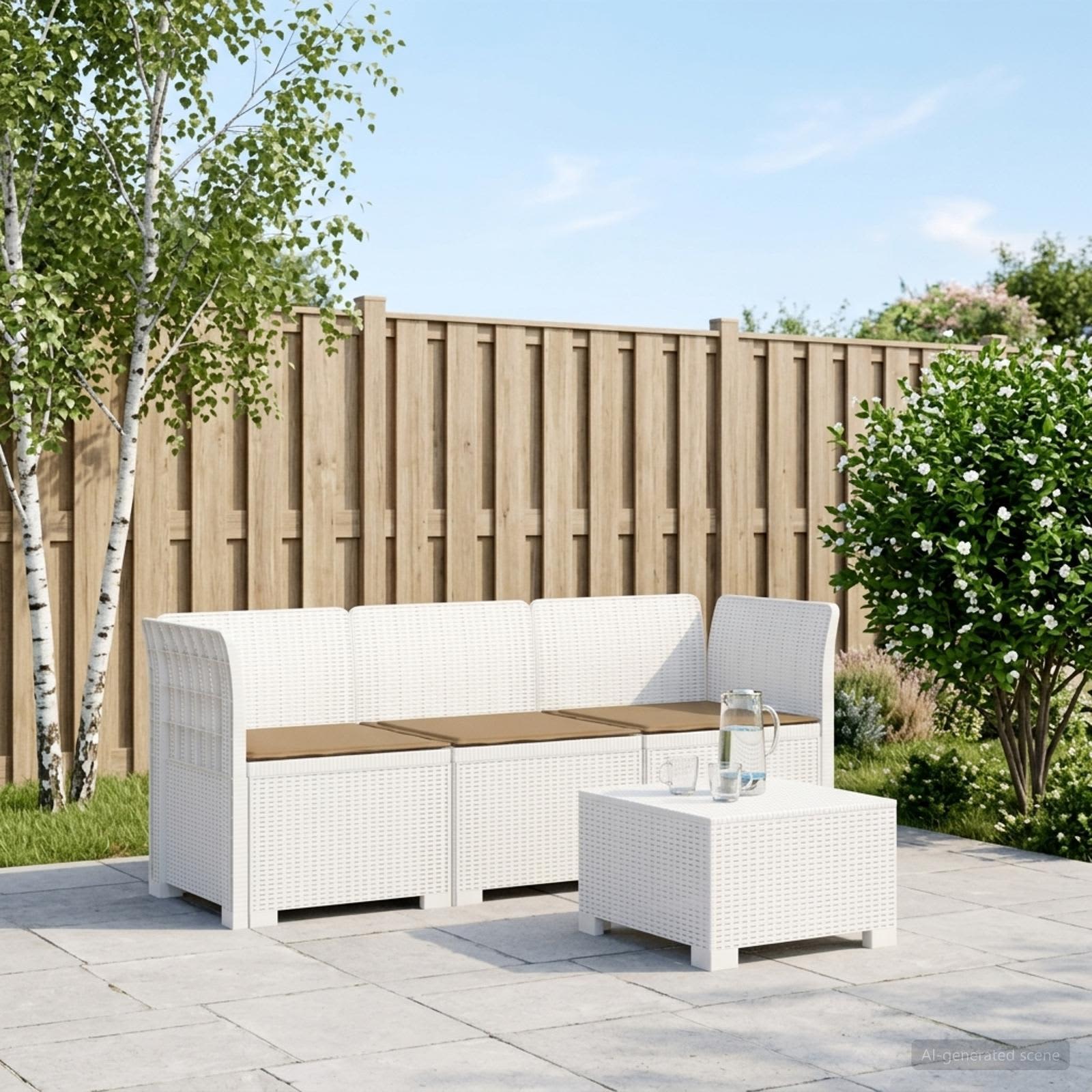 Divano da giardino 3 posti con cuscini in look rattan PP Bianco - immagine prodotto