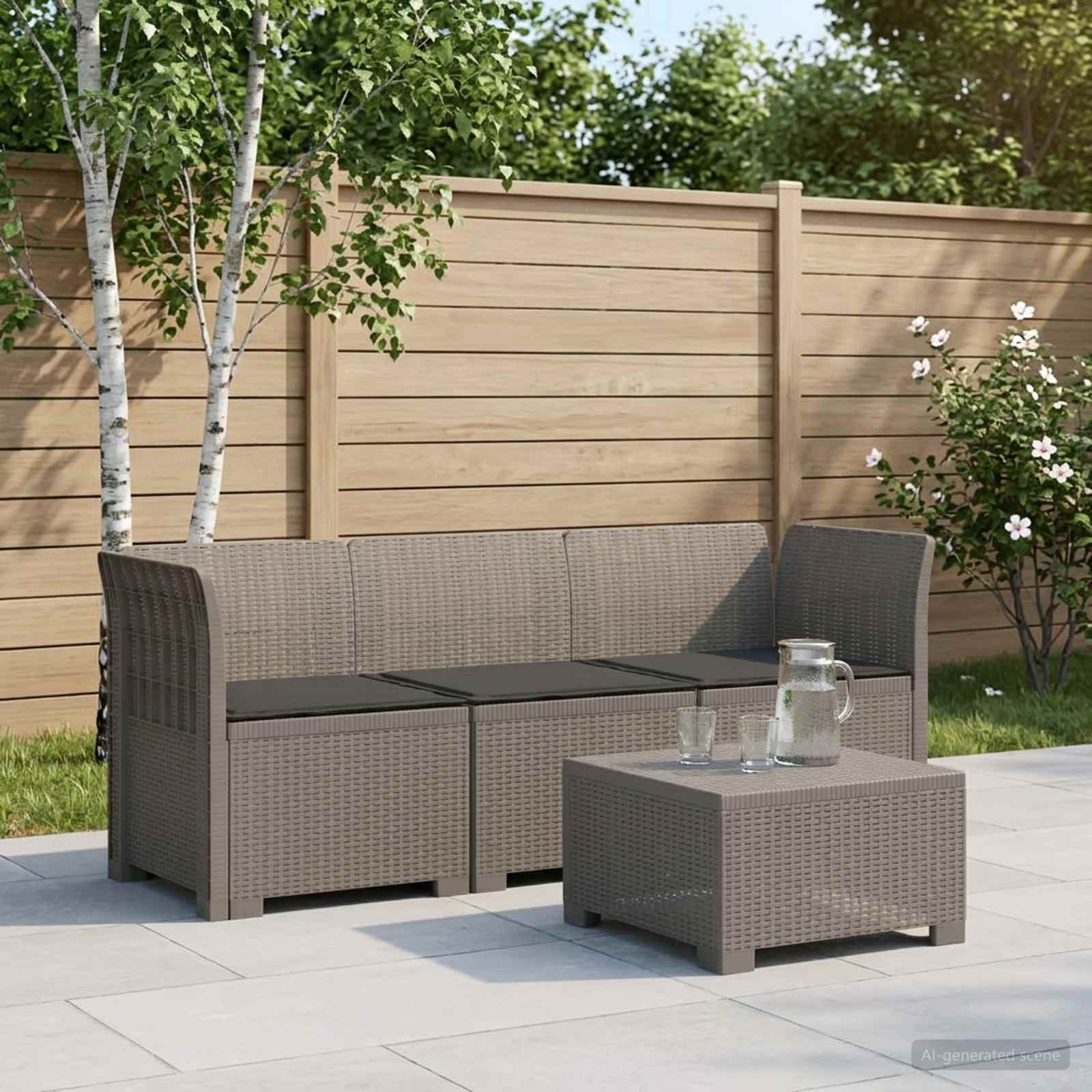 Divano da giardino 3 posti con cuscini in look rattan PP - immagine prodotto