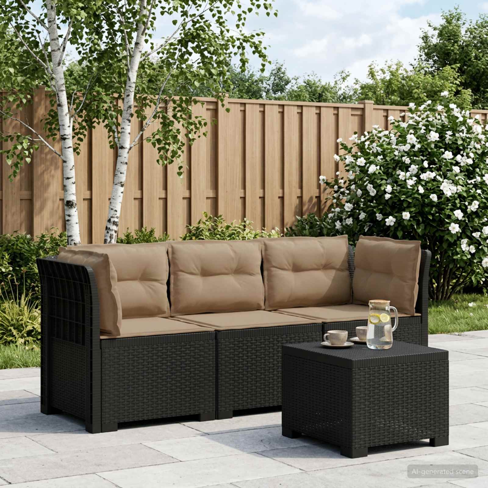 Divano da giardino 3 posti con cuscini in look rattan PP - immagine prodotto