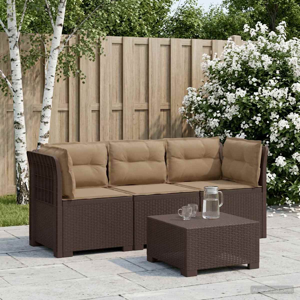 3-personers havensofa med puder i rattanlook PP