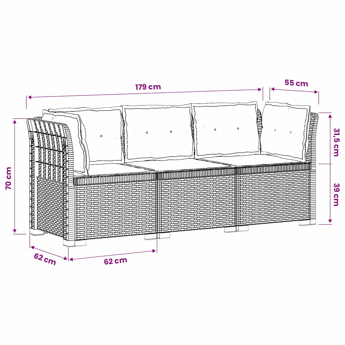 3-personers havensofa med puder i rattanlook PP - Billede 8