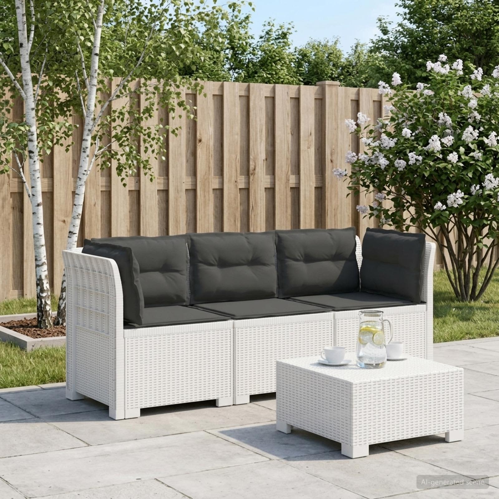 Divano da giardino 3 posti con cuscini in look rattan PP Bianco - immagine prodotto
