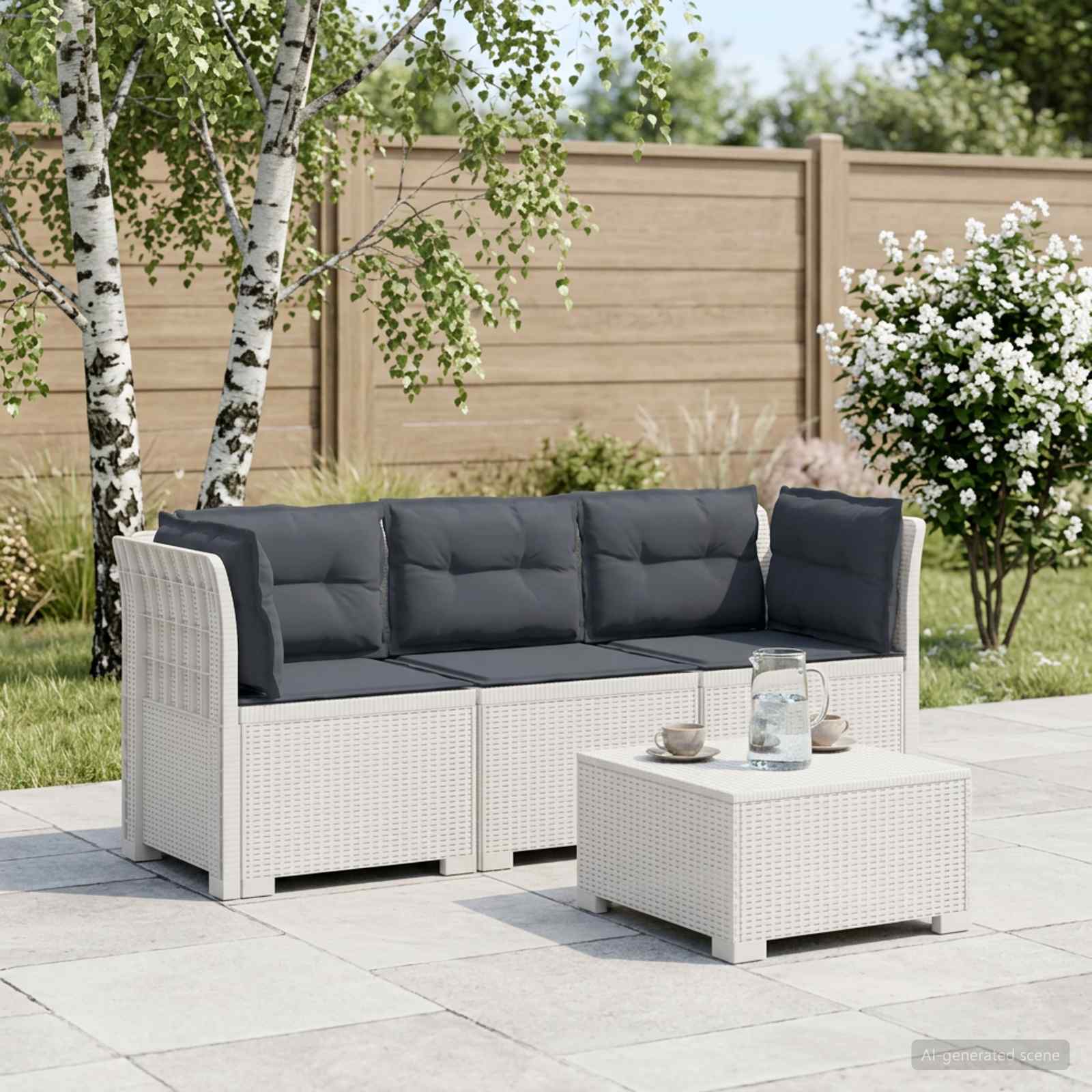 Divano da giardino 3 posti con cuscini in look rattan PP Bianco - immagine prodotto