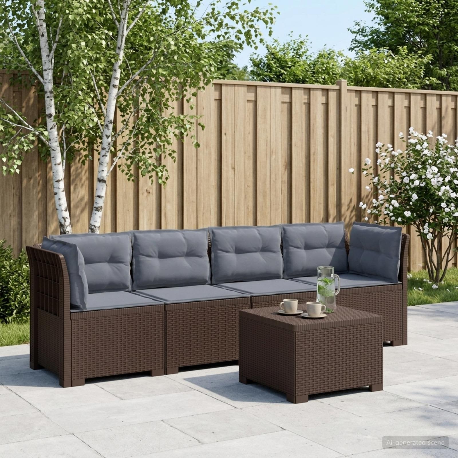 4-personers have-sofa loungesæt i rattan-look PP brun med lysegrå puder