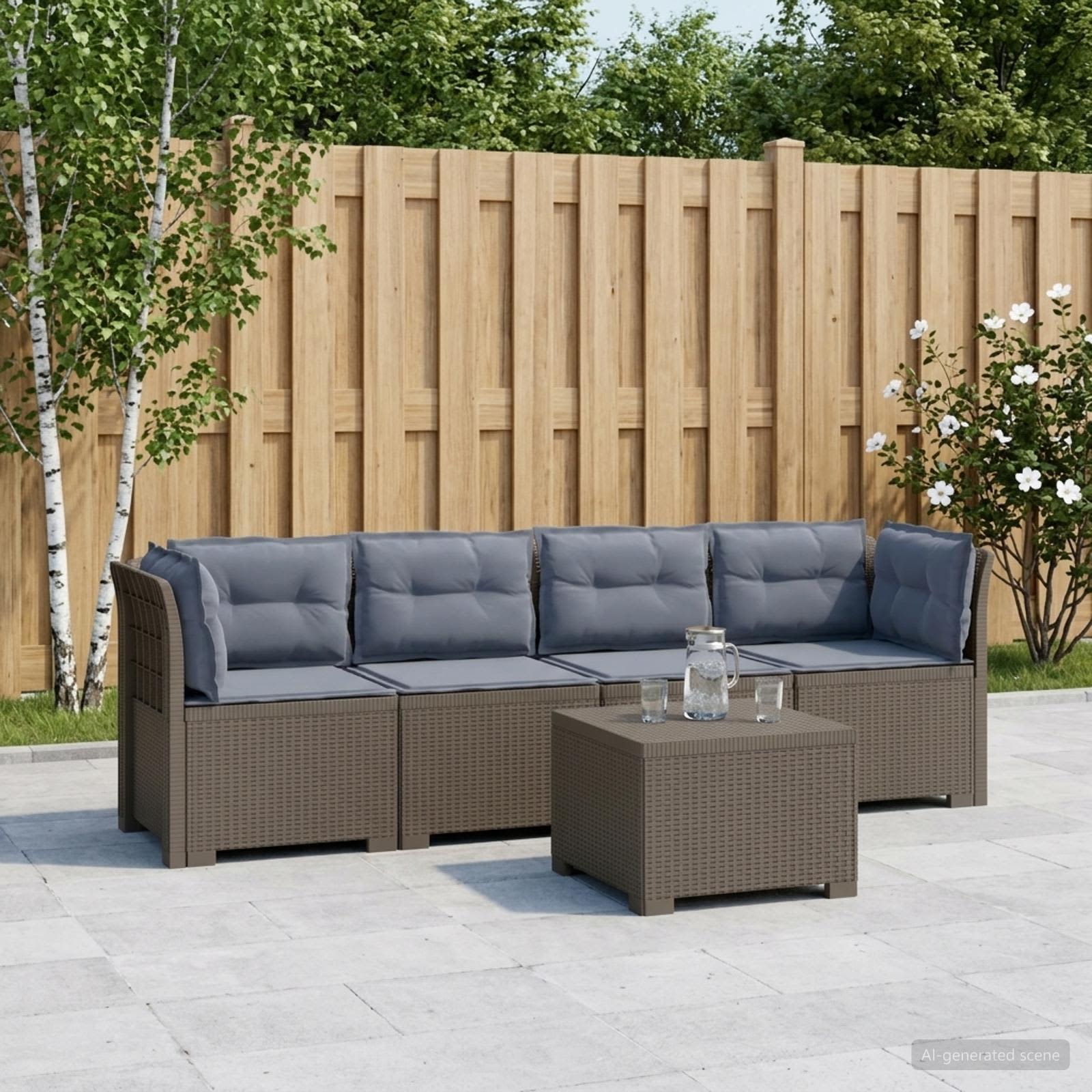 vidaXL 4-Sitzer Gartensofa mit Kissen Rattan Look PP Hellgrau