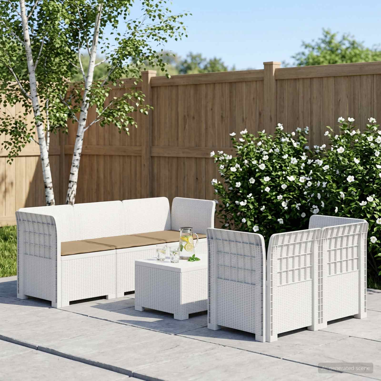 5-Zits Tuin Sofa met Kussens Rattan Look PP Wit – afbeelding 1