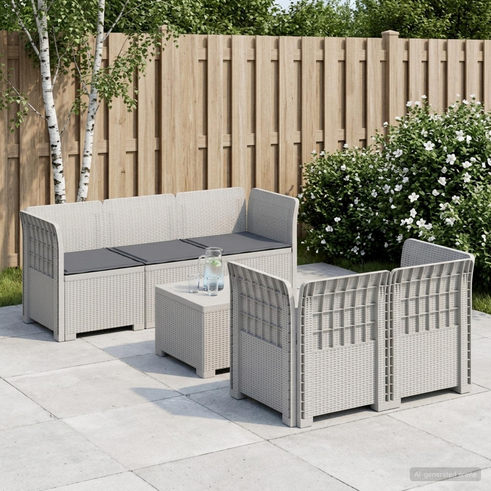 5-Zits Tuin Sofa met Kussens Rattan Look PP Wit – afbeelding 1