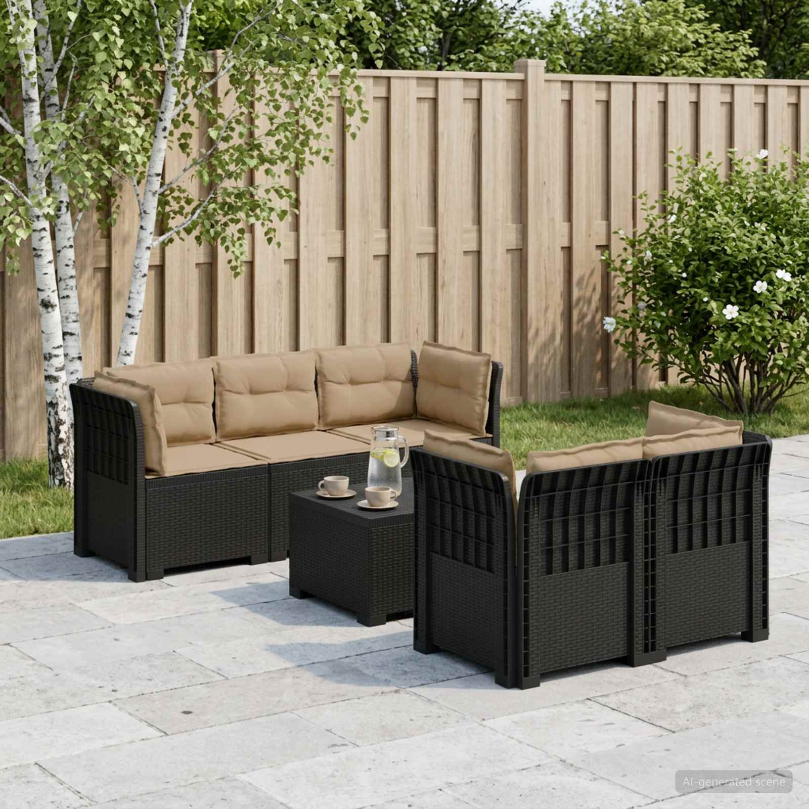 5-Zits Tuin Sofa met Kussens Rattan Look PP Antraciet – afbeelding 1