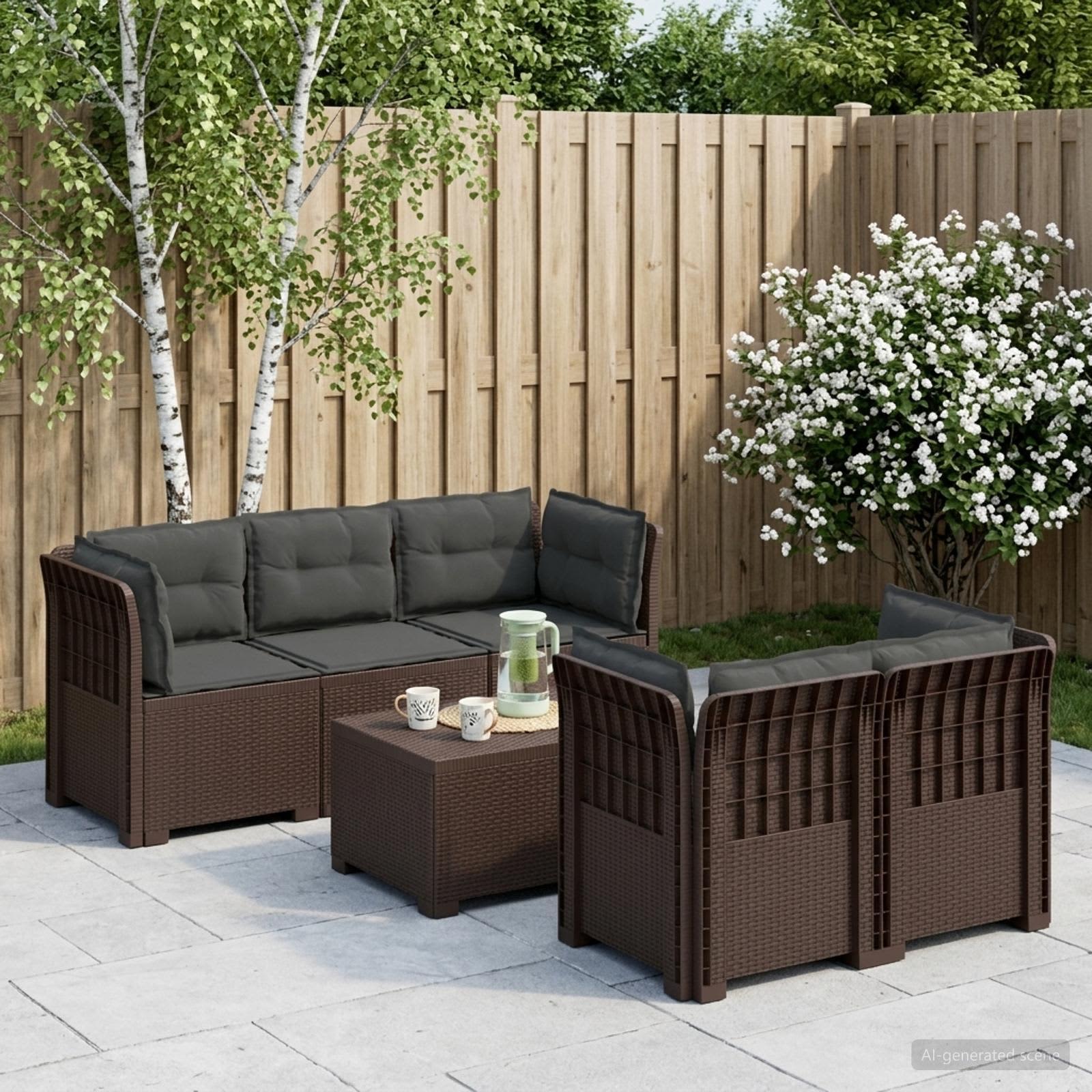vidaXL 5-personers Havemøbel Sofa med Hynder Rattan Look PP Brun