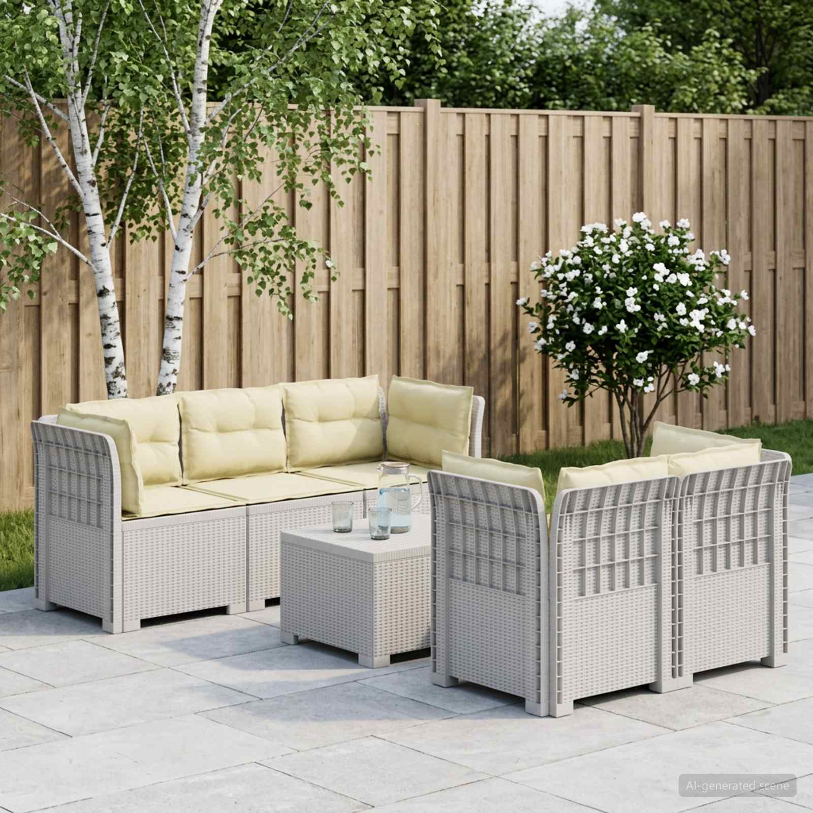 5-Zits Tuin Sofa met Kussens Rattan Look PP Wit – afbeelding 1
