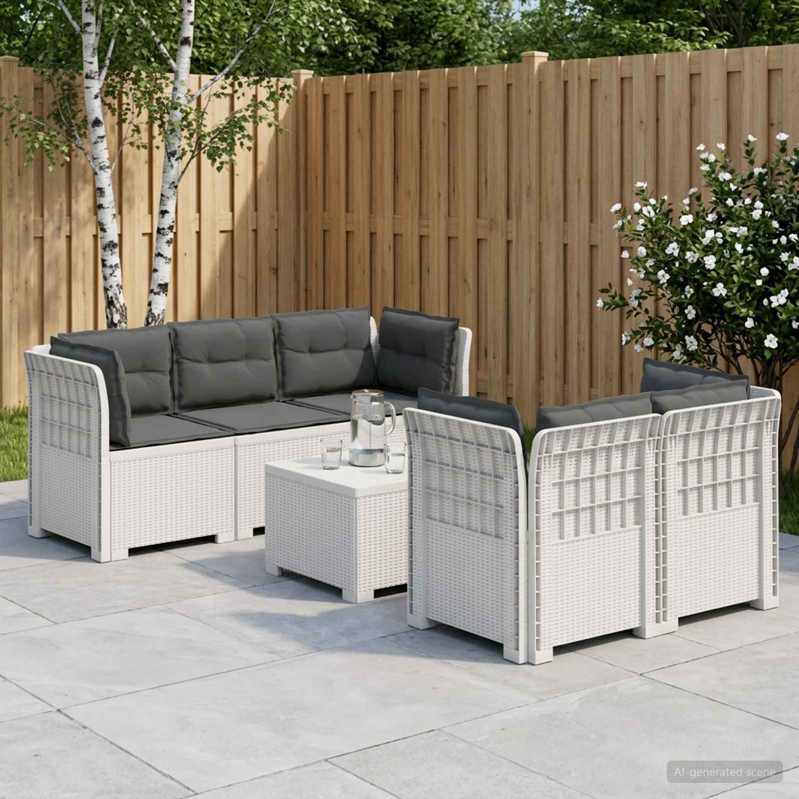 5-Zits Tuin Sofa met Kussens Rattan Look PP Wit – afbeelding 1