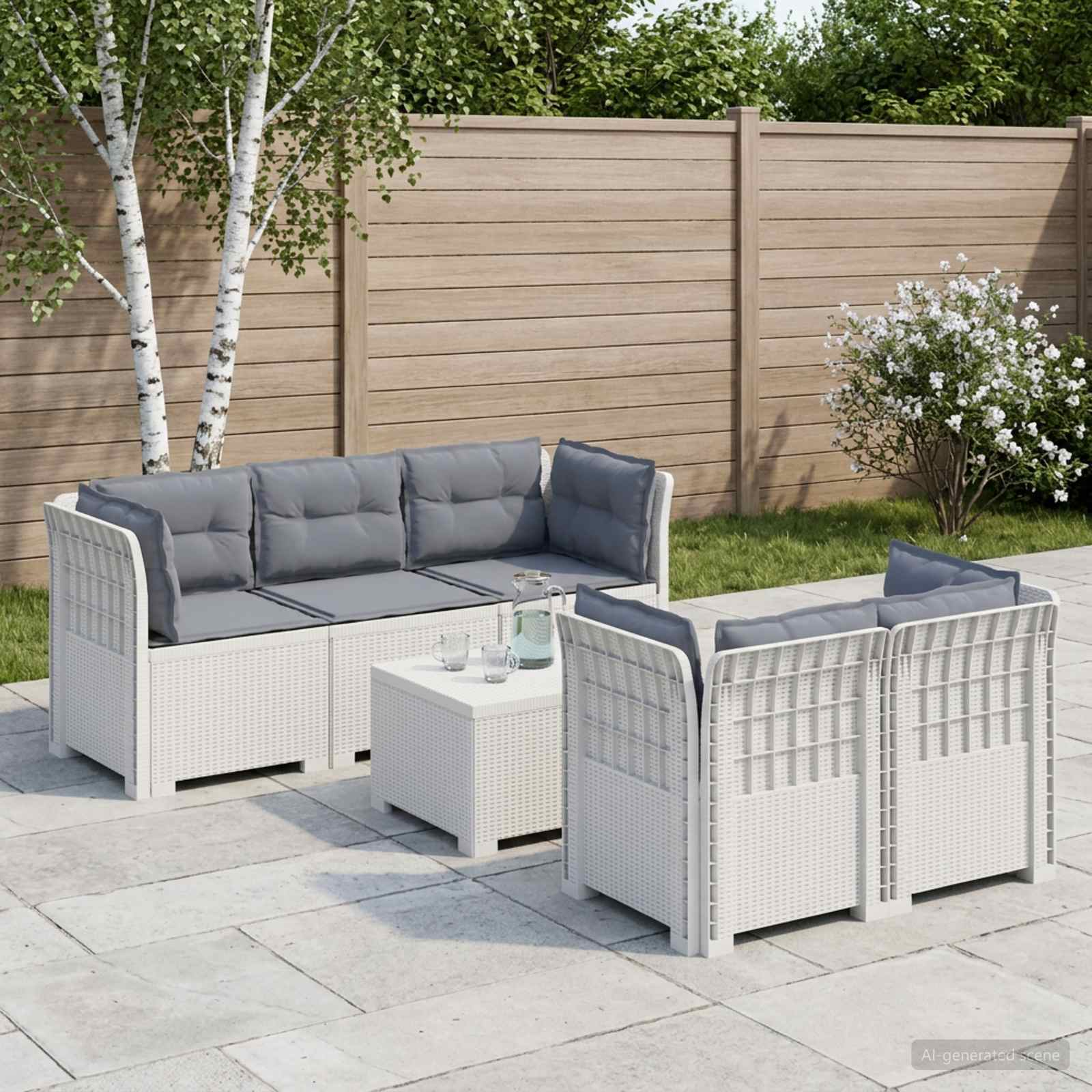 5-Zits Tuin Sofa met Kussens Rattan Look PP Wit – afbeelding 1