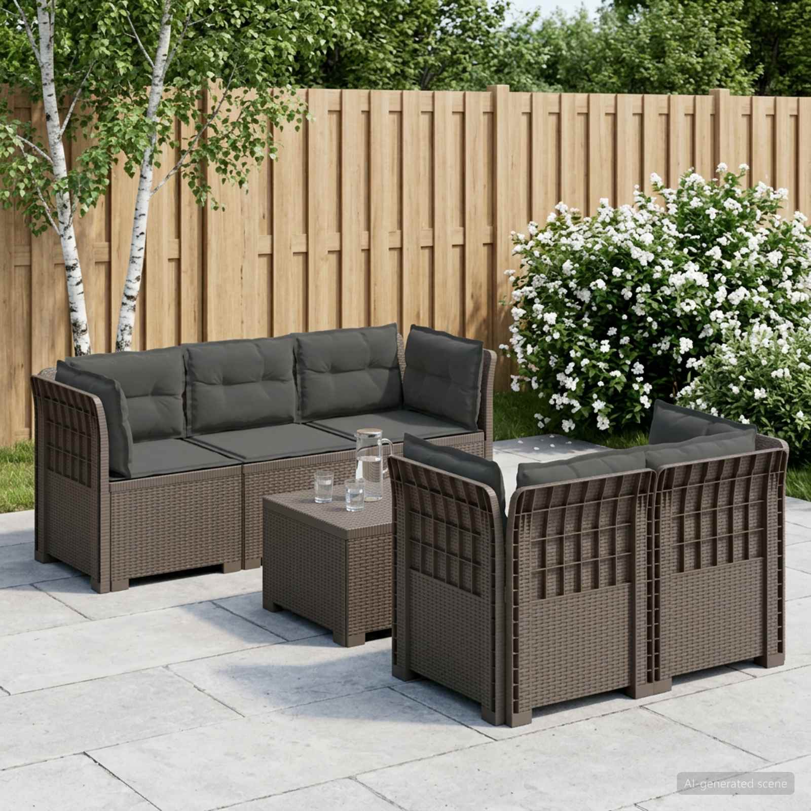 5-Zits Tuin Sofa met Kussens Rattan Look PP Lichtgrijs – afbeelding 1