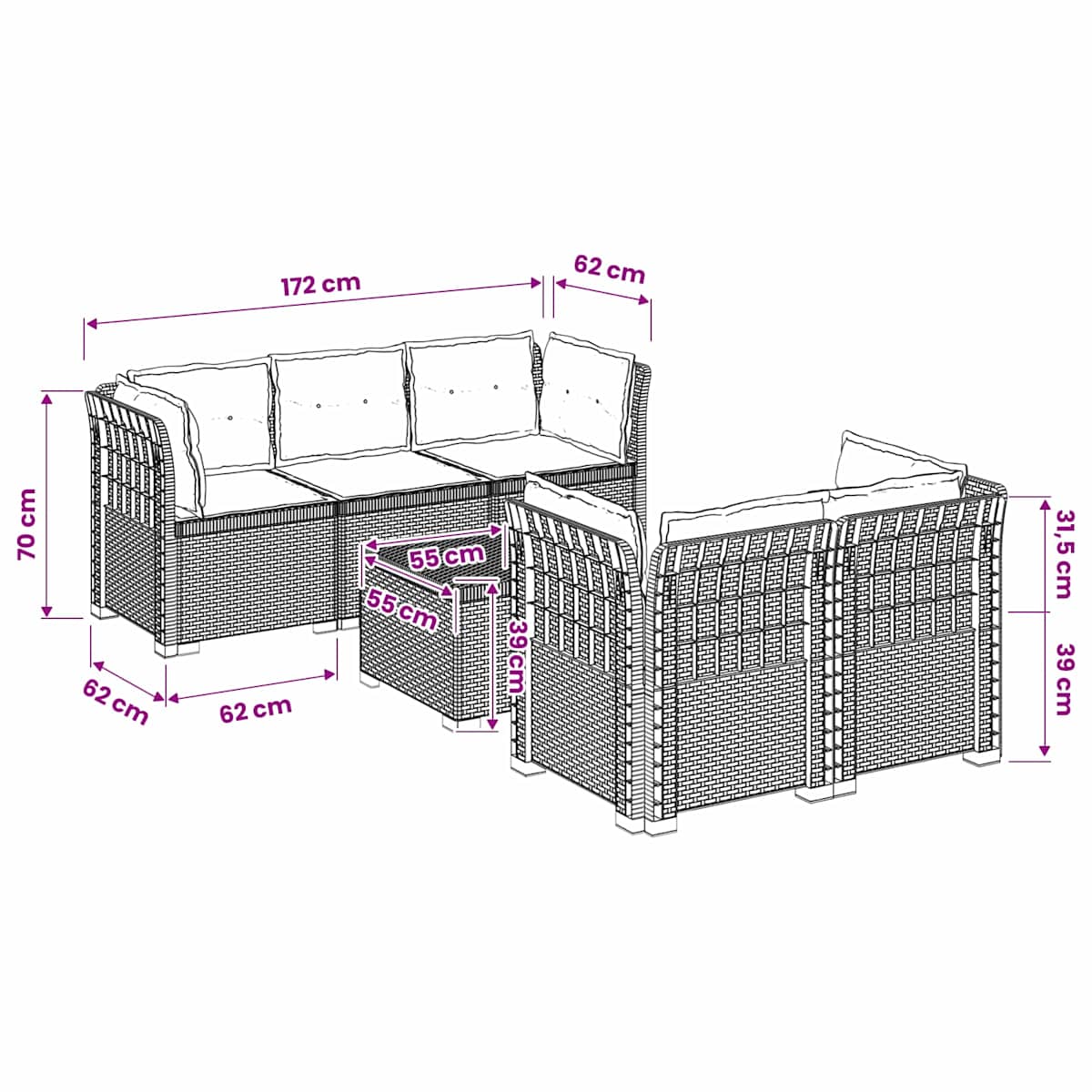 5-personers Havemøbel Sofa med Hynder Rattan Look PP - Billede 10