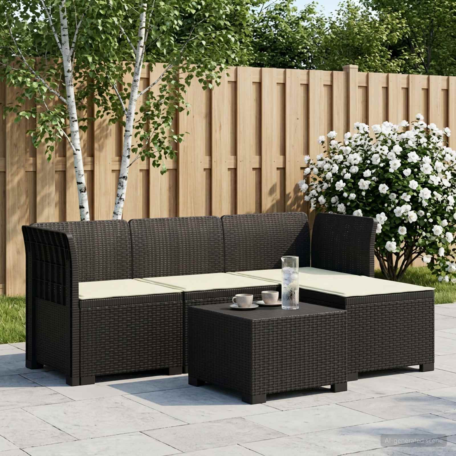 Divano da giardino 4 posti con cuscini aspetto rattan PP - immagine prodotto