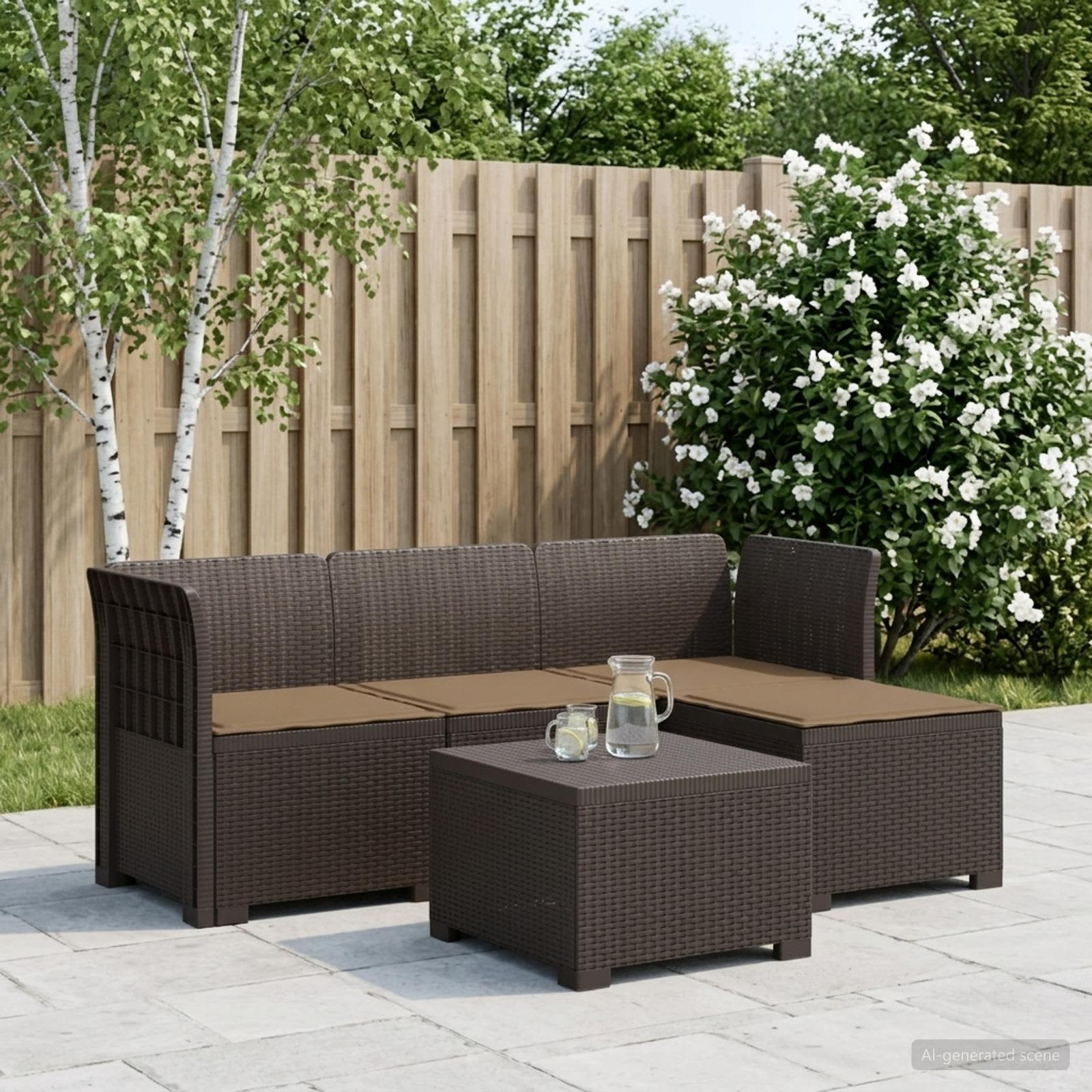 Divano da giardino 4 posti con cuscini aspetto rattan PP - immagine prodotto