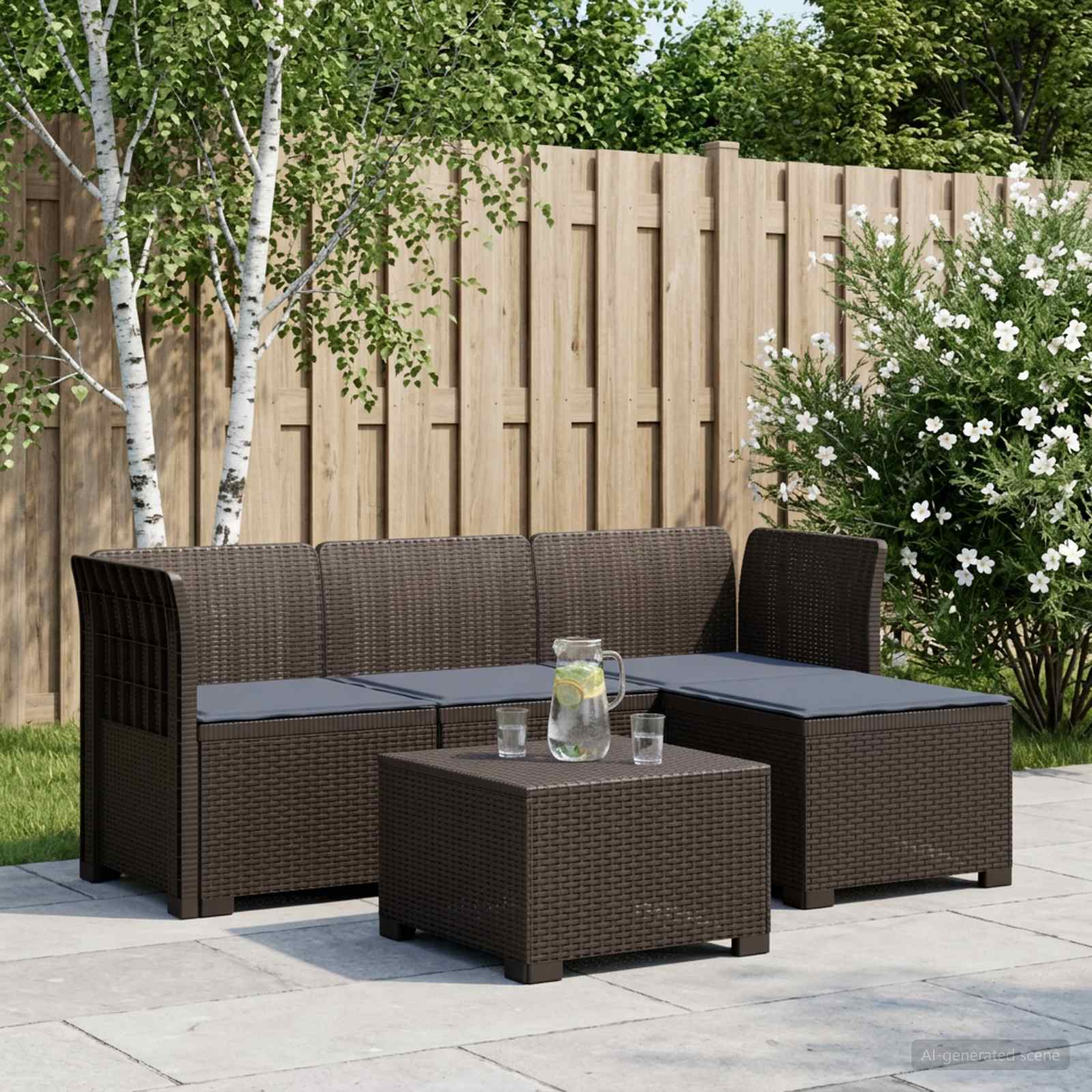 Divano da giardino 4 posti con cuscini aspetto rattan PP - immagine prodotto
