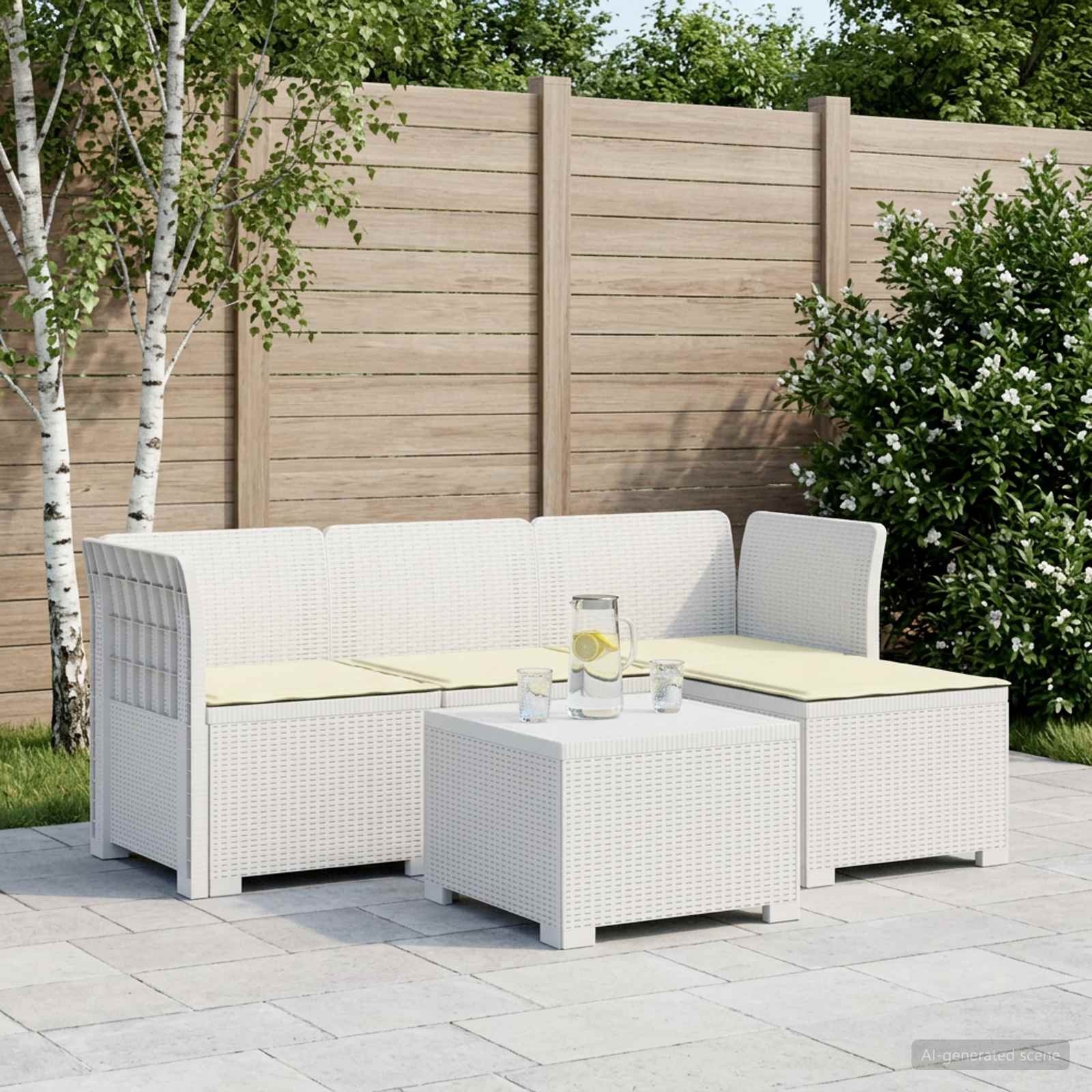 Divano da giardino 4 posti con cuscini aspetto rattan PP Bianco - immagine prodotto