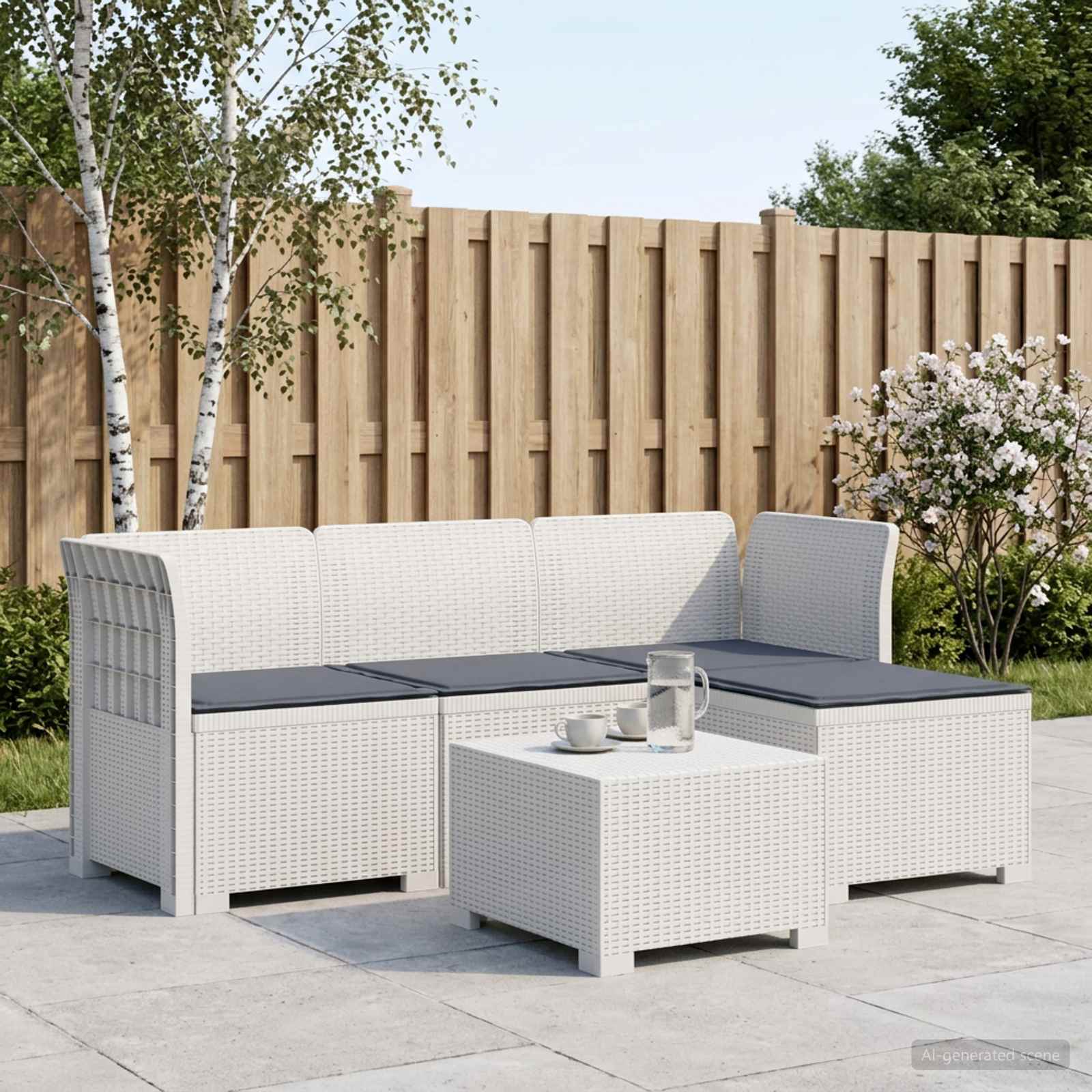 Divano da giardino 4 posti con cuscini aspetto rattan PP Bianco - immagine prodotto