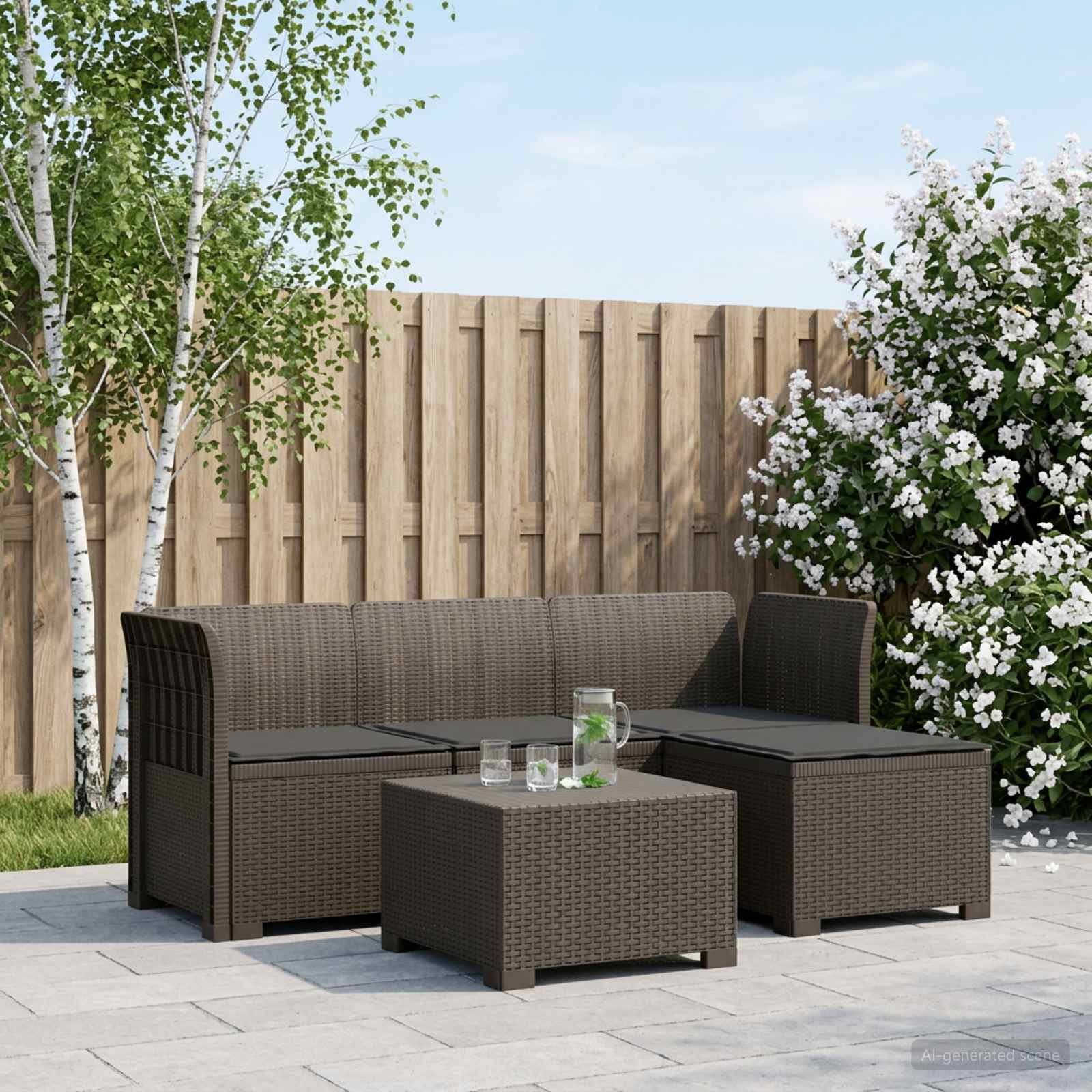 Divano da giardino 4 posti con cuscini aspetto rattan PP - immagine prodotto