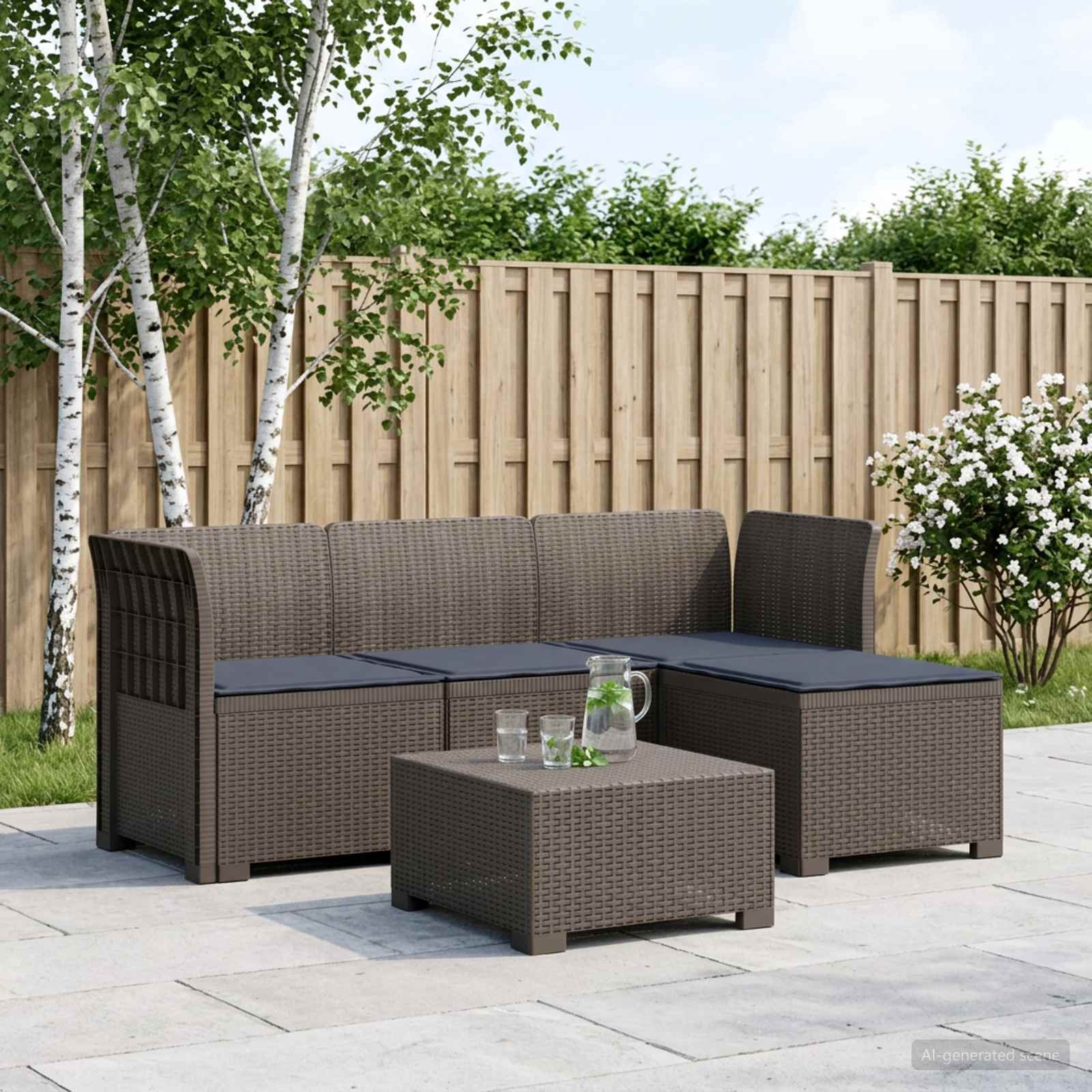 Divano da giardino 4 posti con cuscini aspetto rattan PP - immagine prodotto