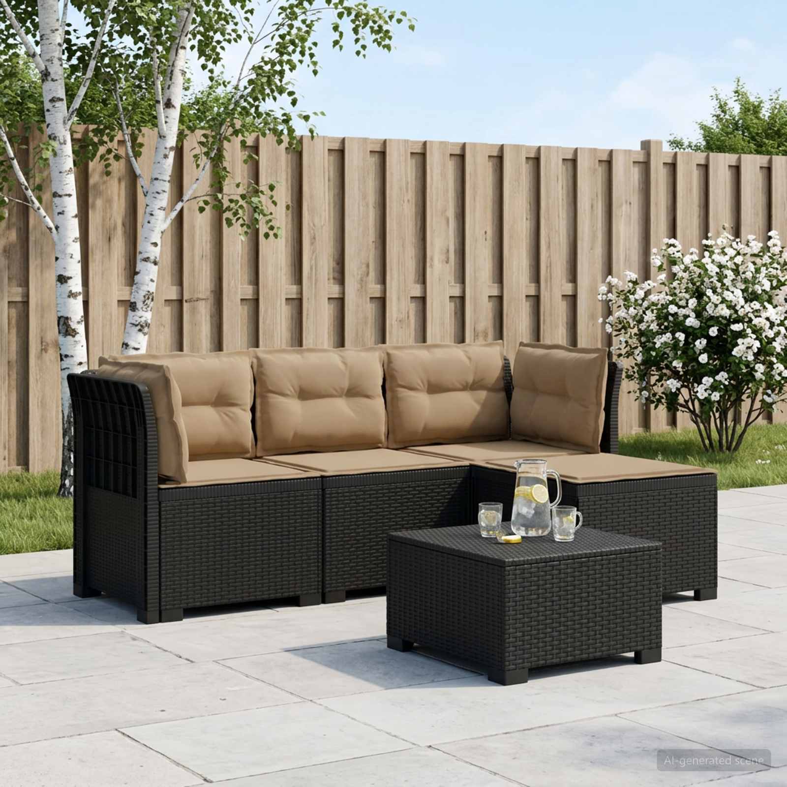 Divano da giardino 4 posti con cuscini aspetto rattan PP - immagine prodotto