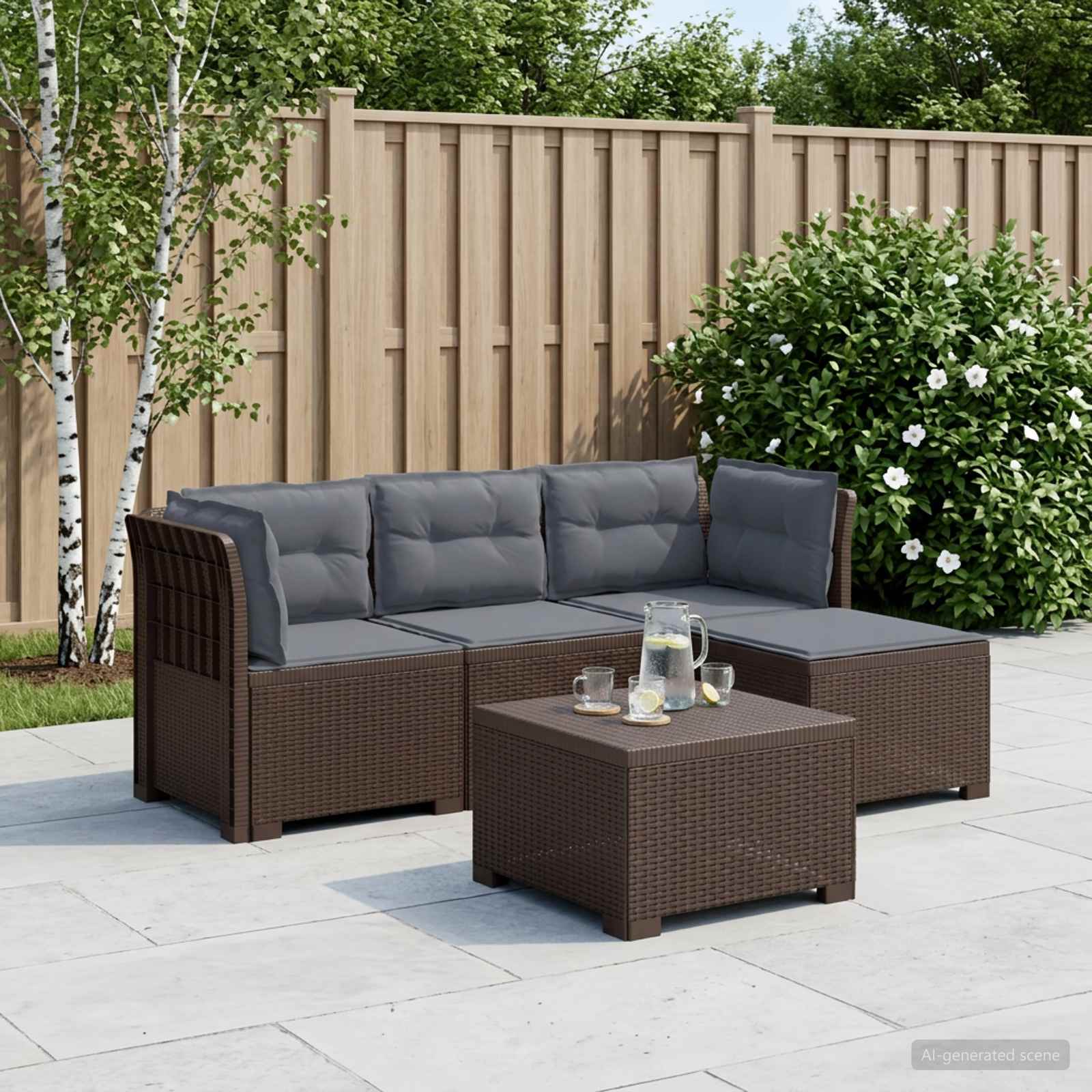 Divano da giardino 4 posti con cuscini aspetto rattan PP - immagine prodotto