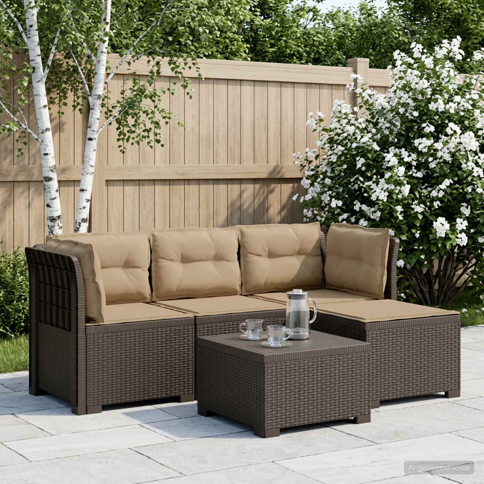 Divano da giardino 4 posti con cuscini aspetto rattan PP - immagine prodotto