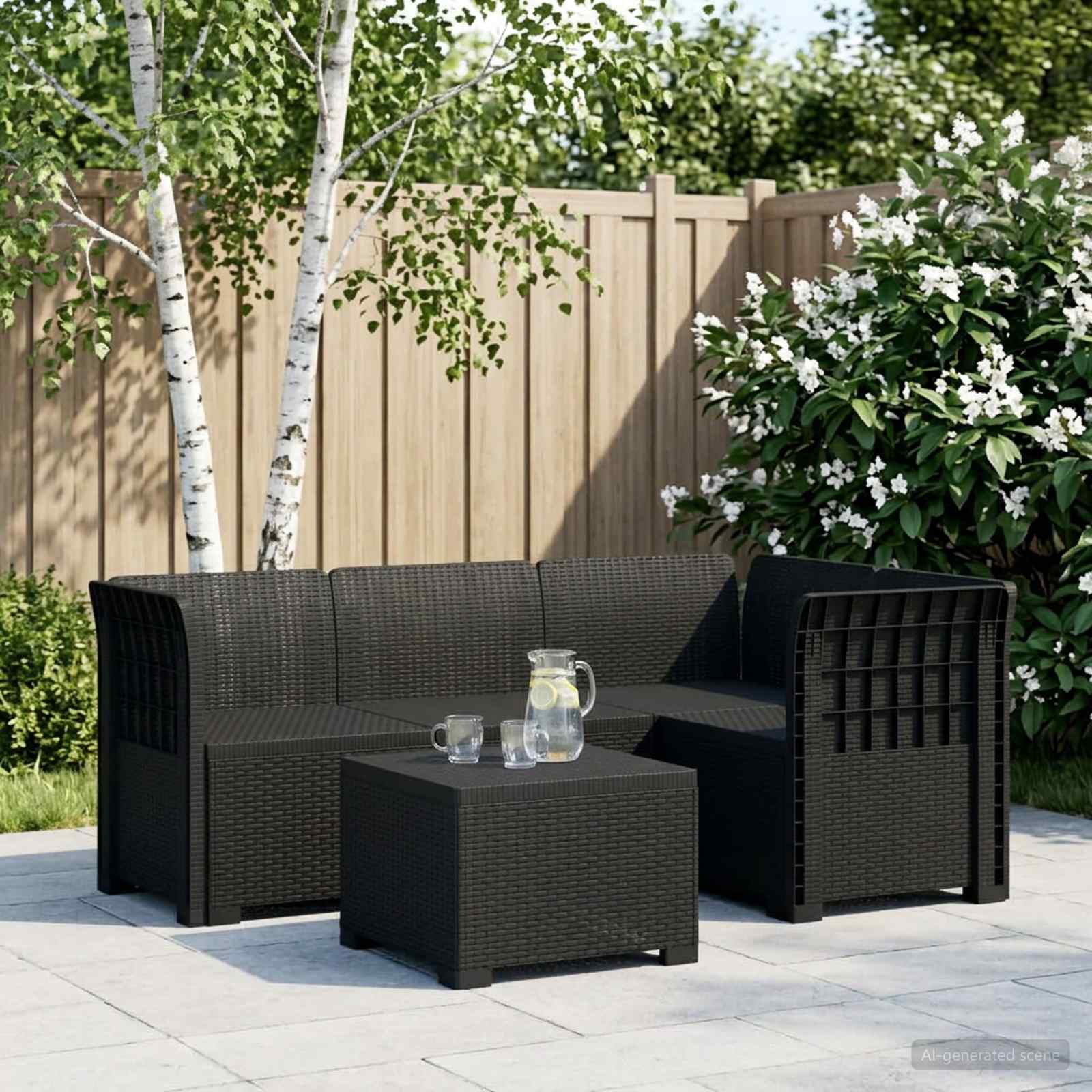 4-Persoons Tuinbank Rieten Look PP Antraciet – afbeelding 1