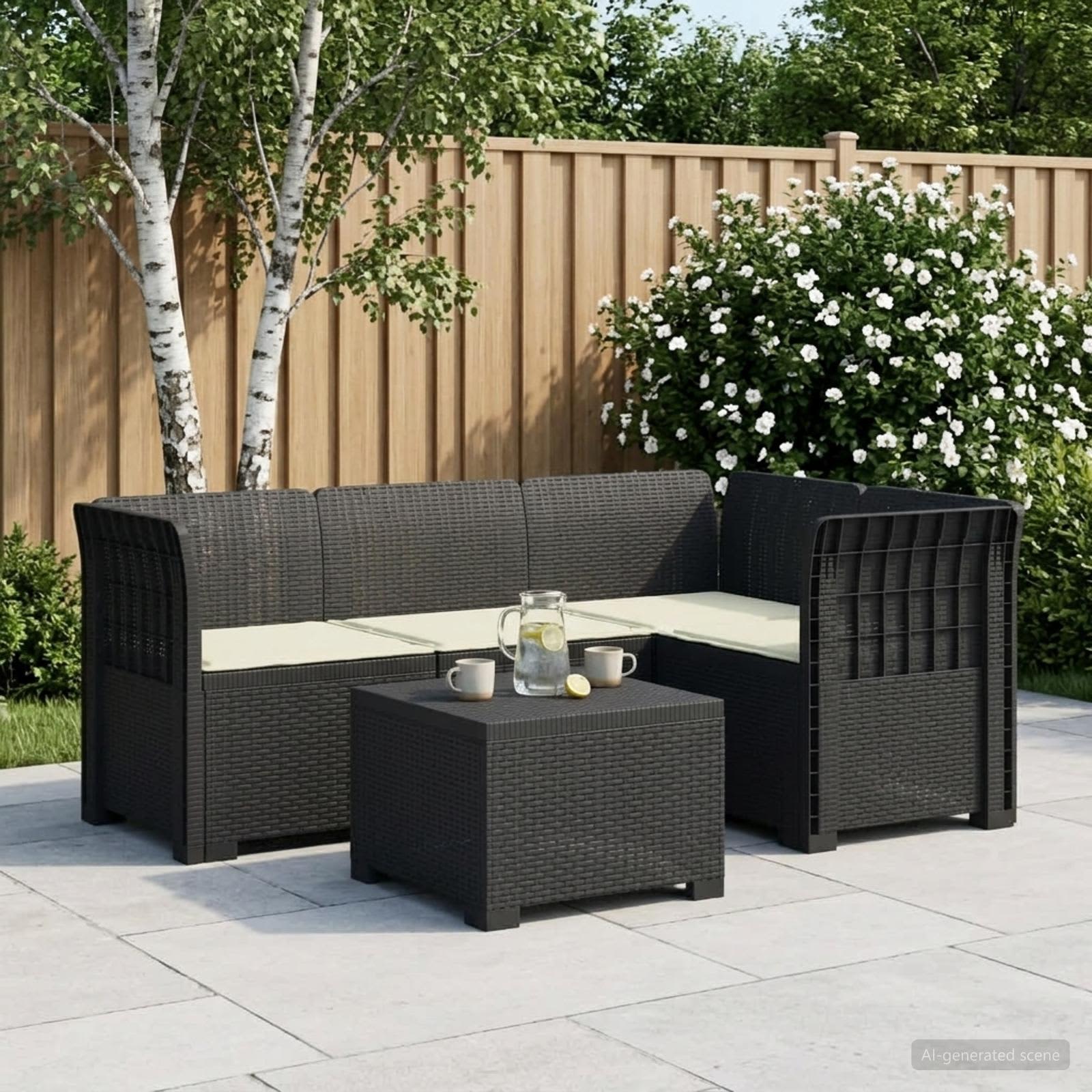 4-Persoons Tuinbank met Kussens Rieten Look PP Antraciet – afbeelding 1