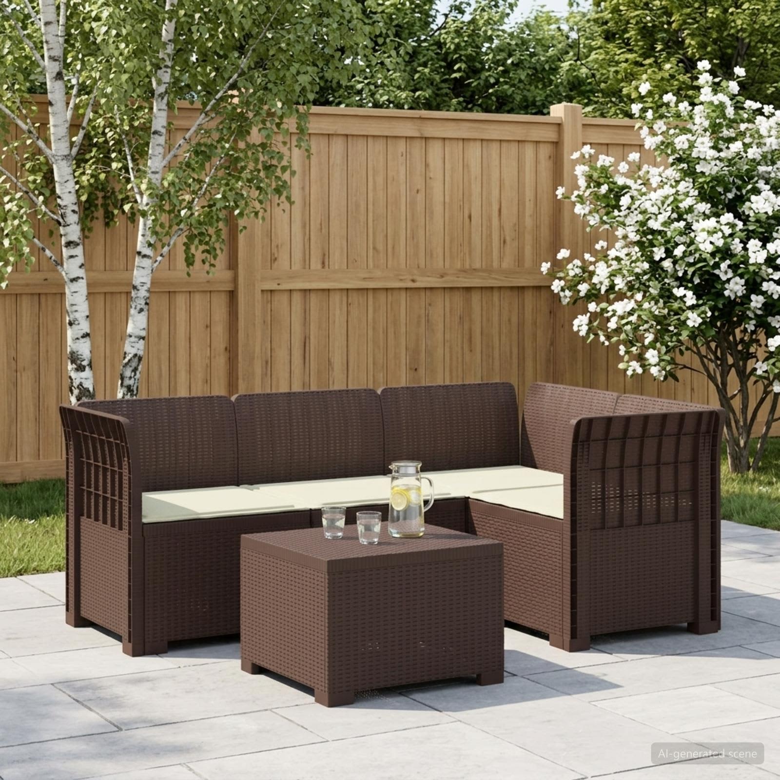 4-Persoons Tuinbank met Kussens Rieten Look PP Bruin – afbeelding 1