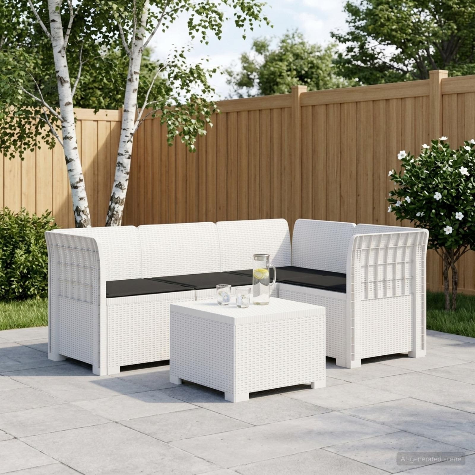 4-Persoons Tuinbank met Kussens Rieten Look PP Wit – afbeelding 1