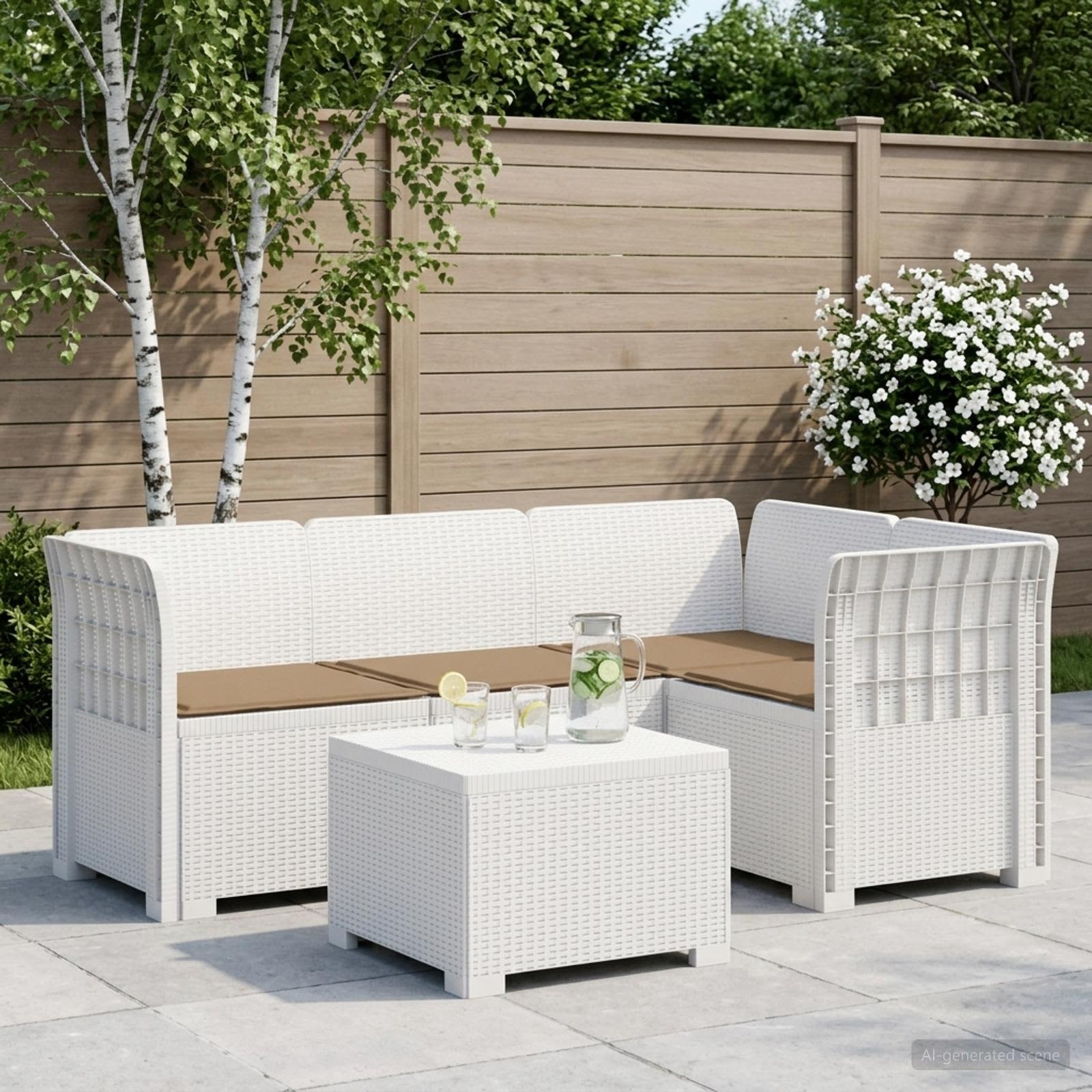 4-Persoons Tuinbank met Kussens Rieten Look PP Wit – afbeelding 1
