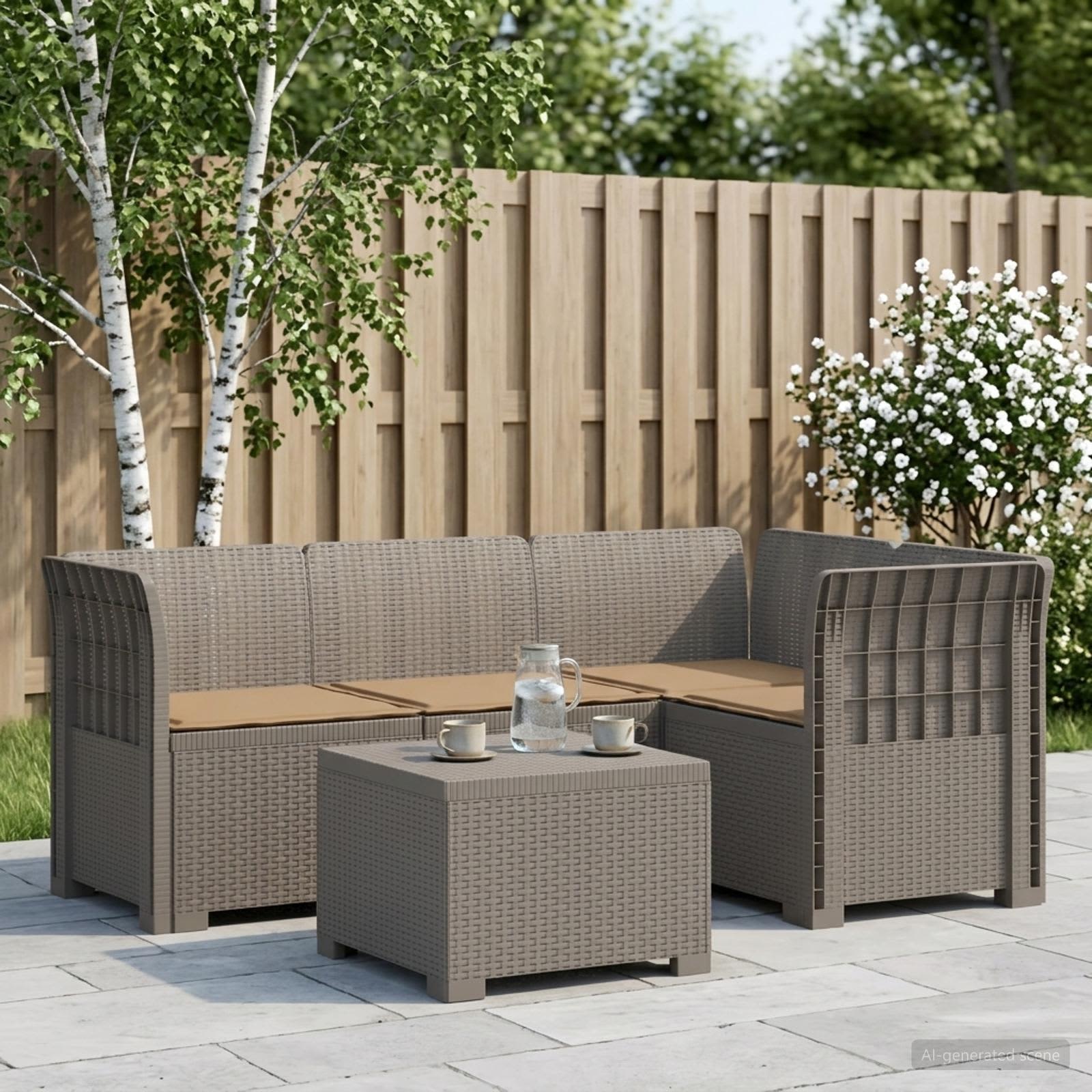 4-Persoons Tuinbank met Kussens Rieten Look PP Lichtgrijs – afbeelding 1