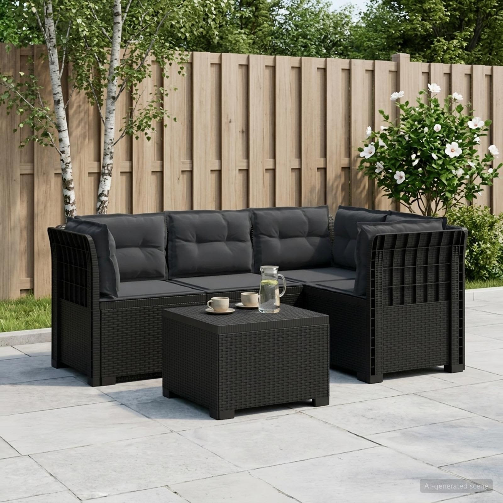 4-Persoons Tuinbank met Kussens Rieten Look PP Antraciet – afbeelding 1